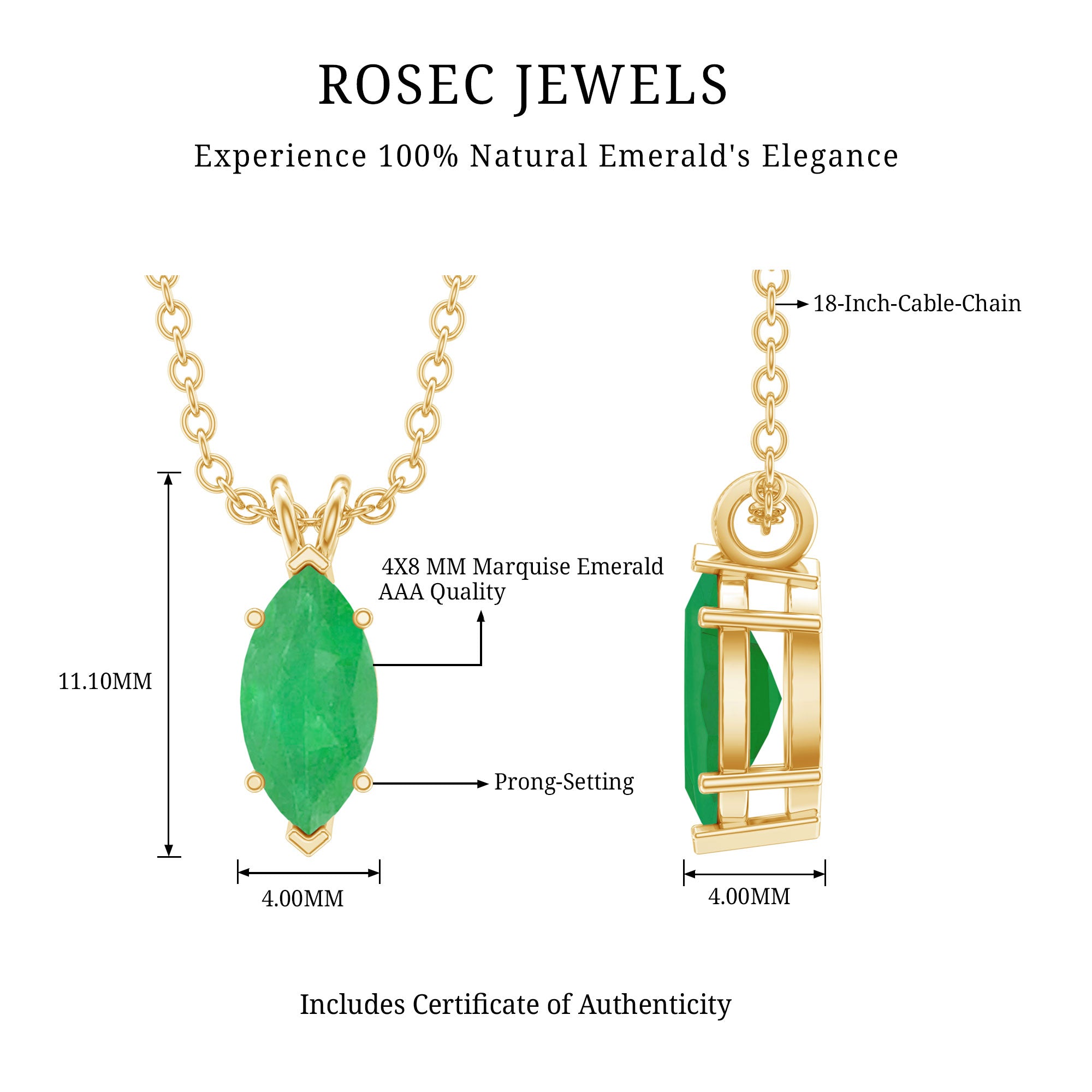 Marquise Cut Emerald Solitaire Pendant Necklace AAA - Rosec Jewels