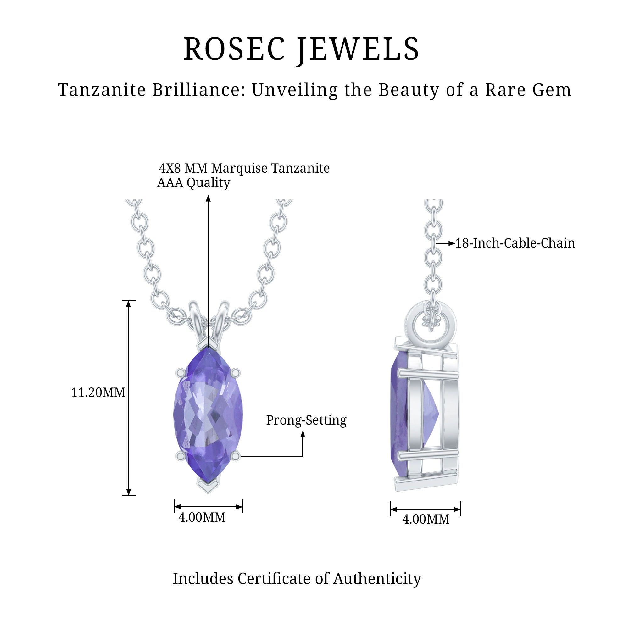 Natural 0.6 Carat Marquise Tanzanite Pendant Necklace with Silver Chain AAA 92.5 Sterling Silver - Rosec Jewels