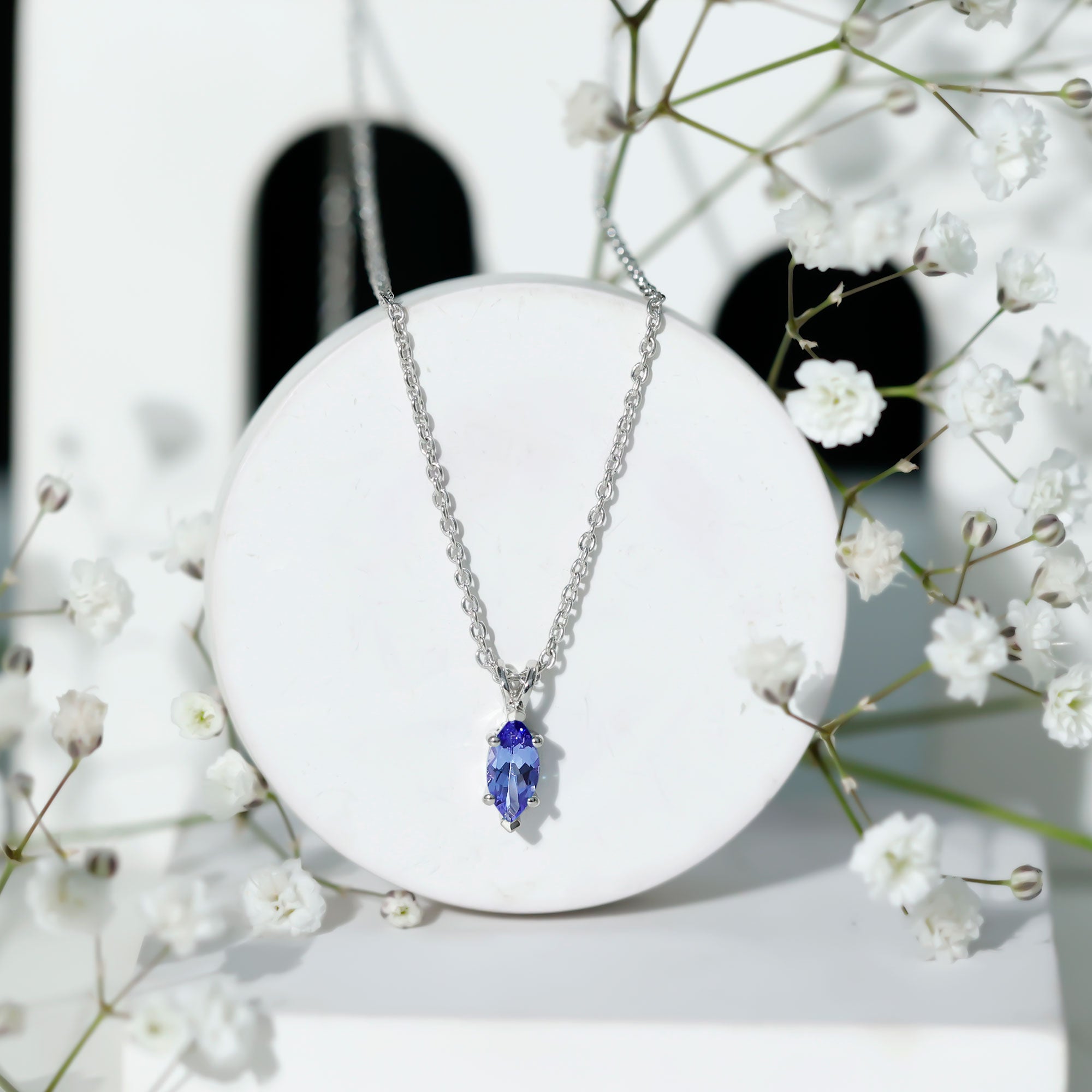 Natural 0.6 Carat Marquise Tanzanite Pendant Necklace with Silver Chain AAA 92.5 Sterling Silver - Rosec Jewels
