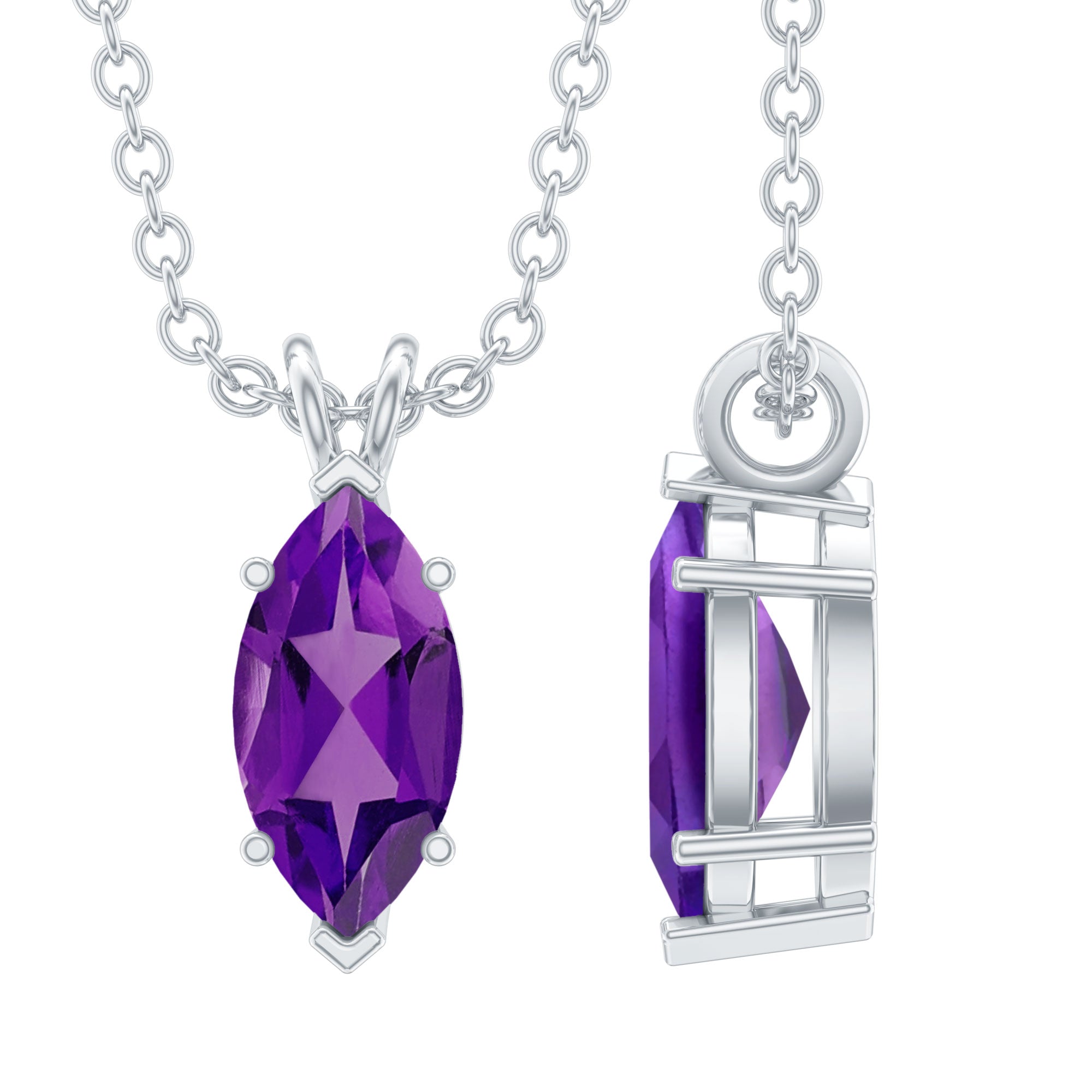 Genuine Marquise Cut Amethyst Solitaire Necklace with Silver Chain AAA 92.5 Sterling Silver - Rosec Jewels