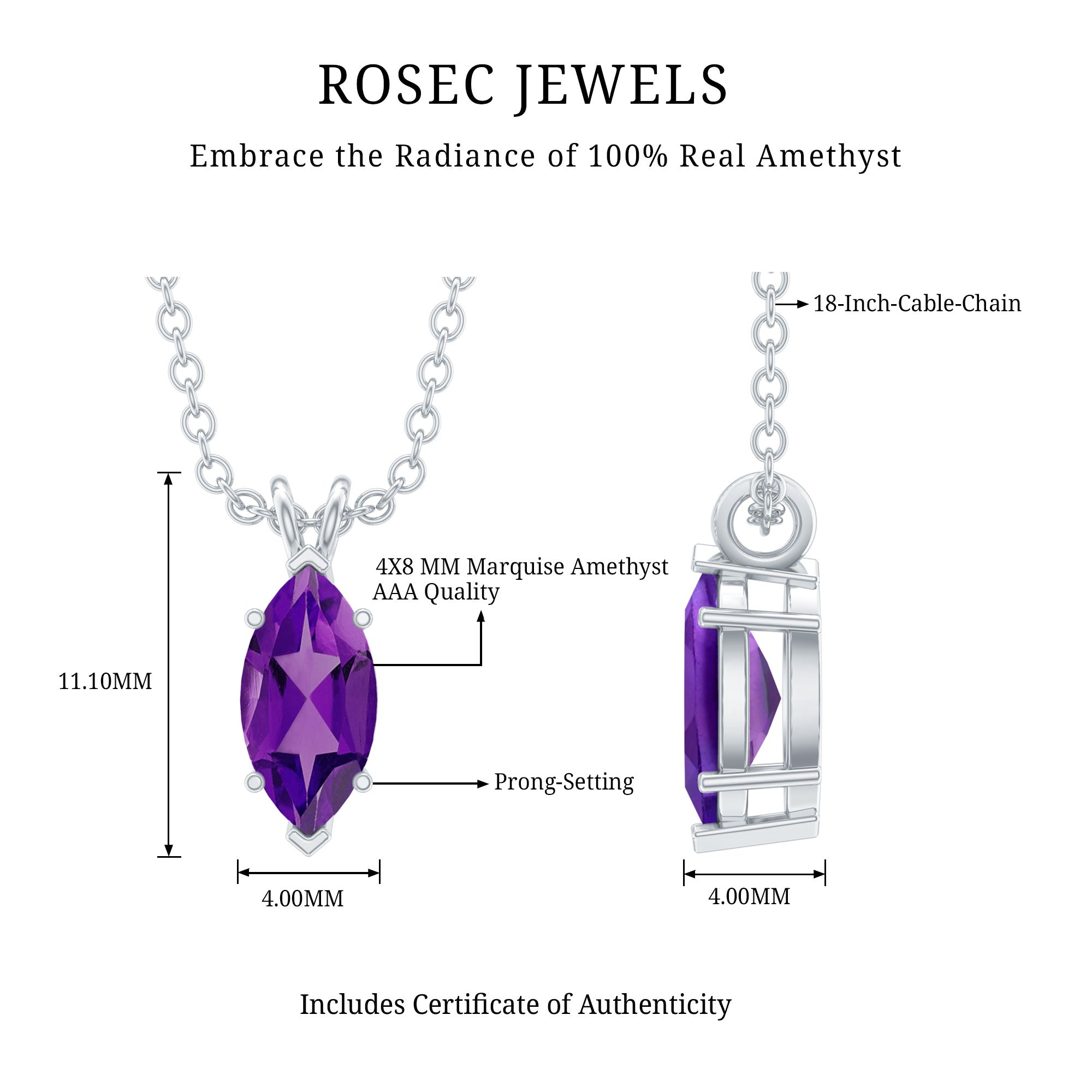 Genuine Marquise Cut Amethyst Solitaire Necklace with Silver Chain AAA 92.5 Sterling Silver - Rosec Jewels