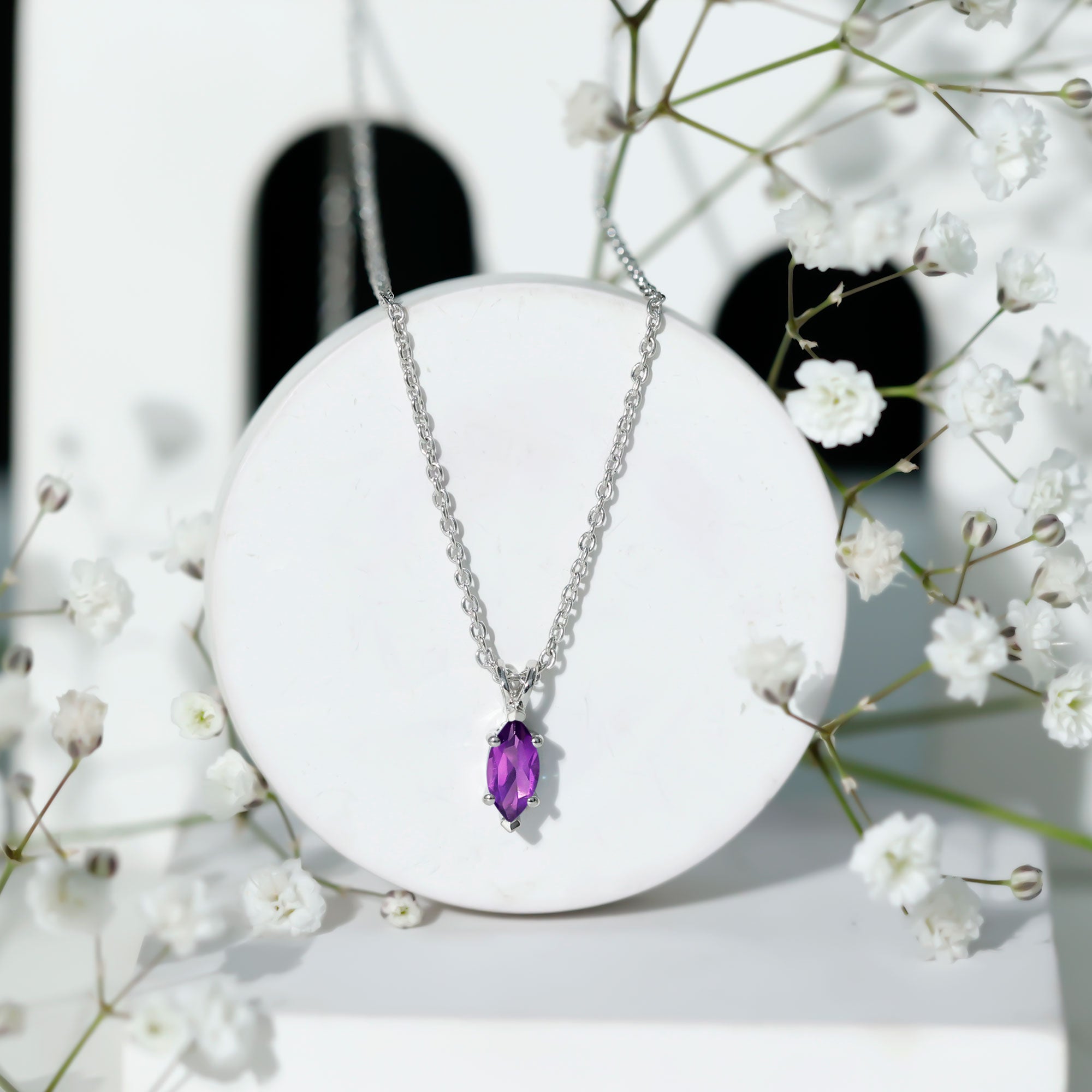 Genuine Marquise Cut Amethyst Solitaire Necklace with Silver Chain AAA 92.5 Sterling Silver - Rosec Jewels