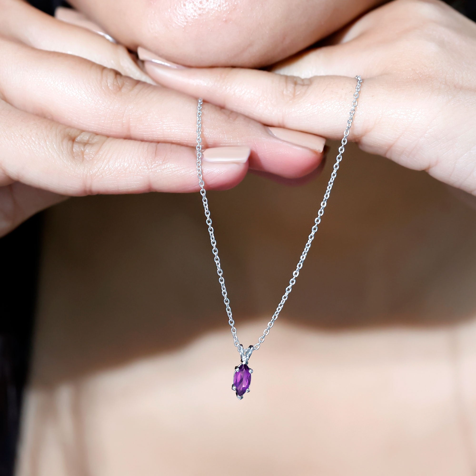 Genuine Marquise Cut Amethyst Solitaire Necklace with Silver Chain AAA 92.5 Sterling Silver - Rosec Jewels