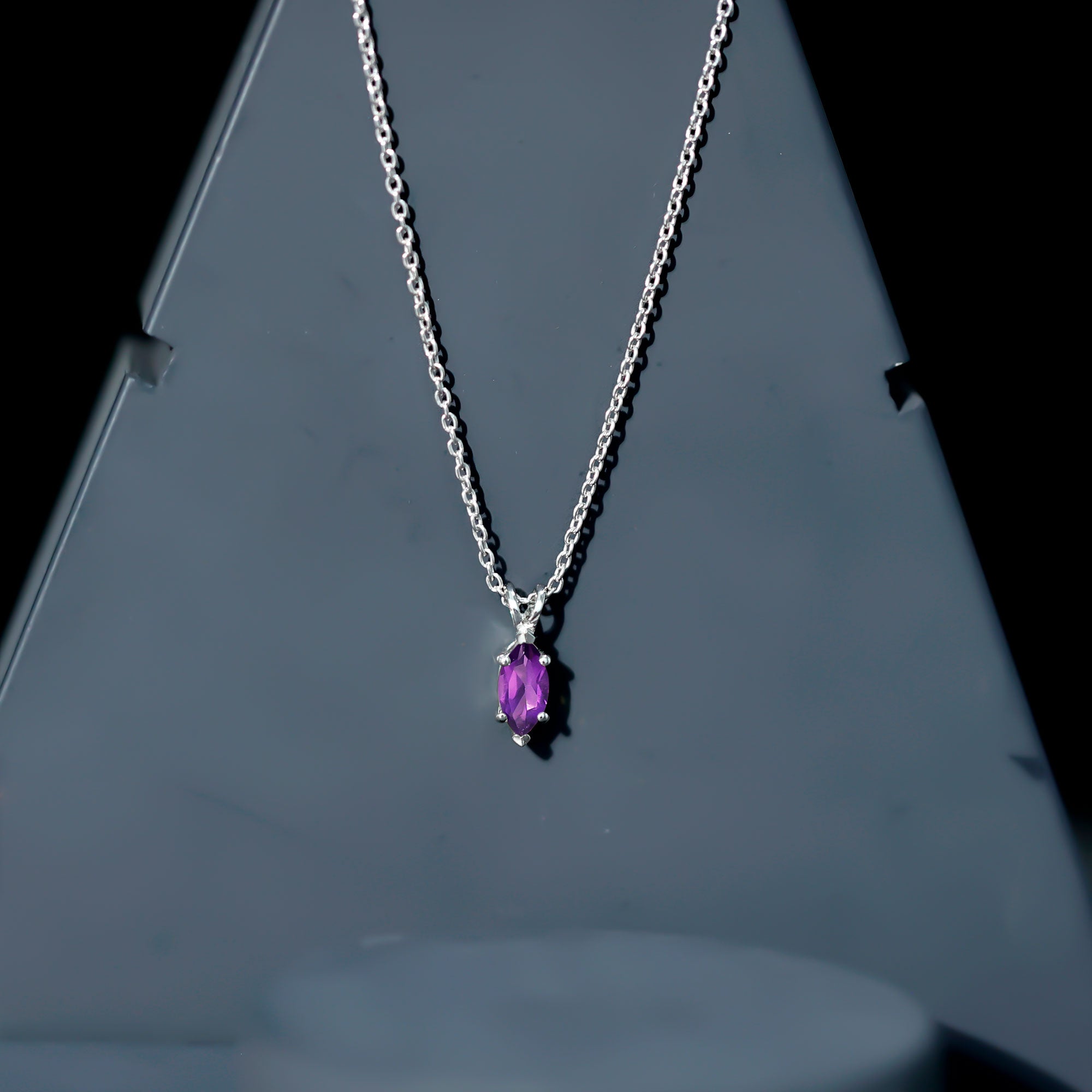 Genuine Marquise Cut Amethyst Solitaire Necklace with Silver Chain AAA 92.5 Sterling Silver - Rosec Jewels