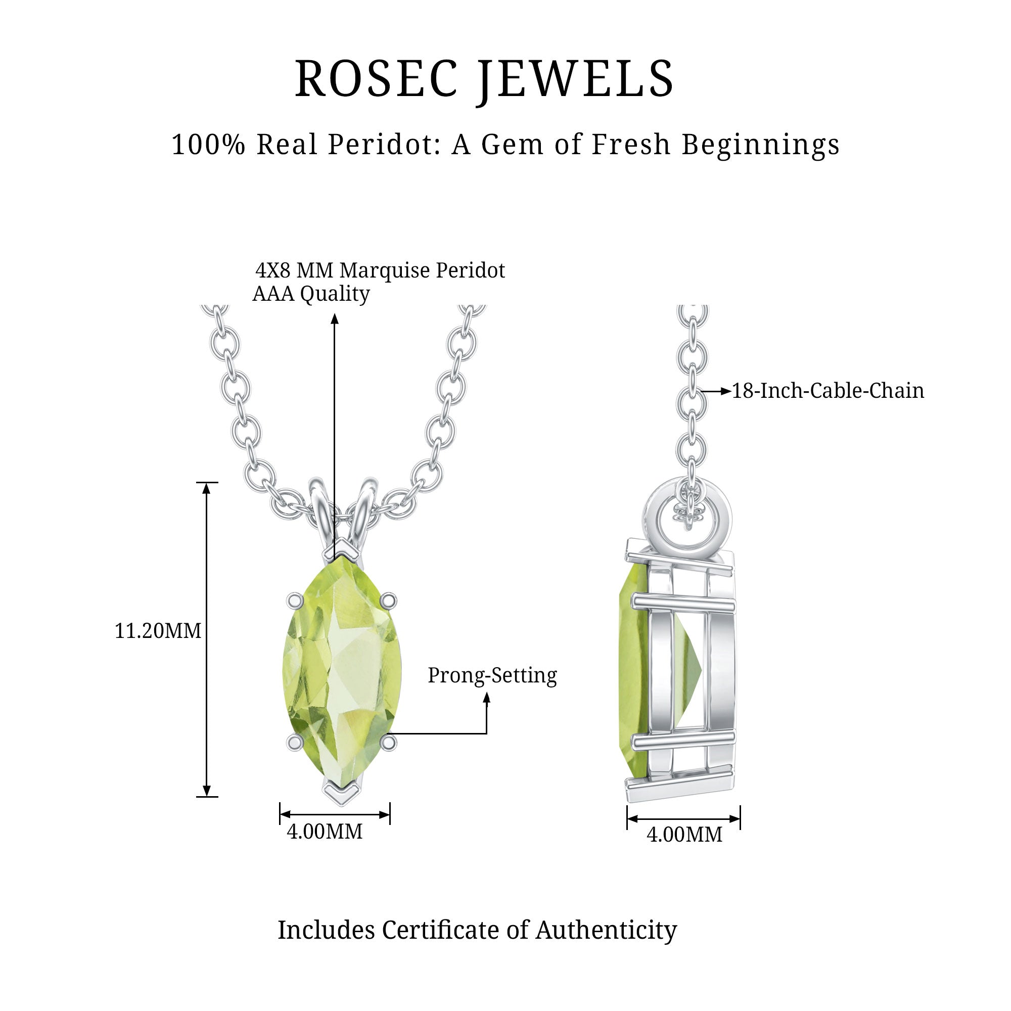 0.74 Carat Marquise Cut Peridot Birthstone Necklace with Silver Chain AAA 92.5 Sterling Silver - Rosec Jewels
