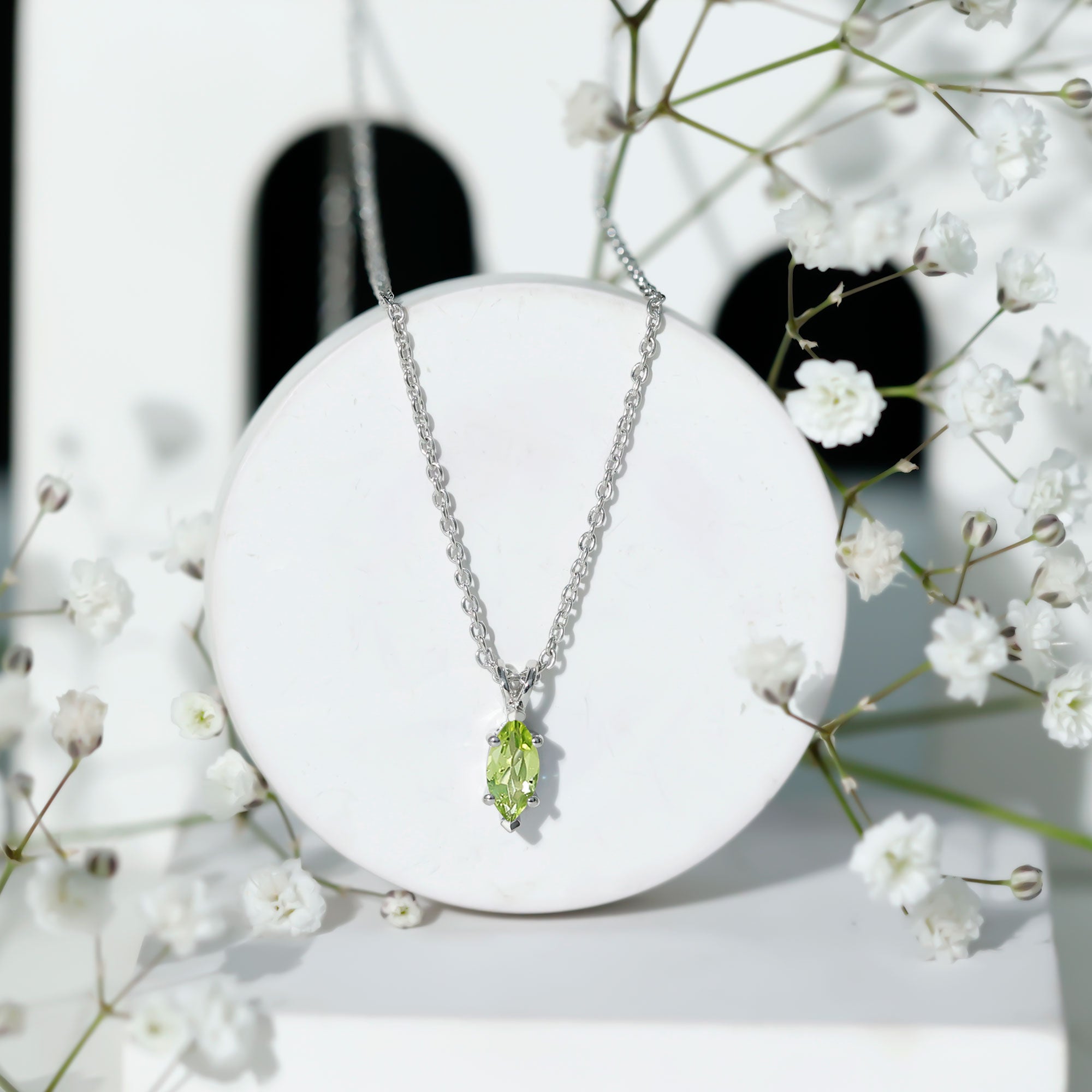 0.74 Carat Marquise Cut Peridot Birthstone Necklace with Silver Chain AAA 92.5 Sterling Silver - Rosec Jewels