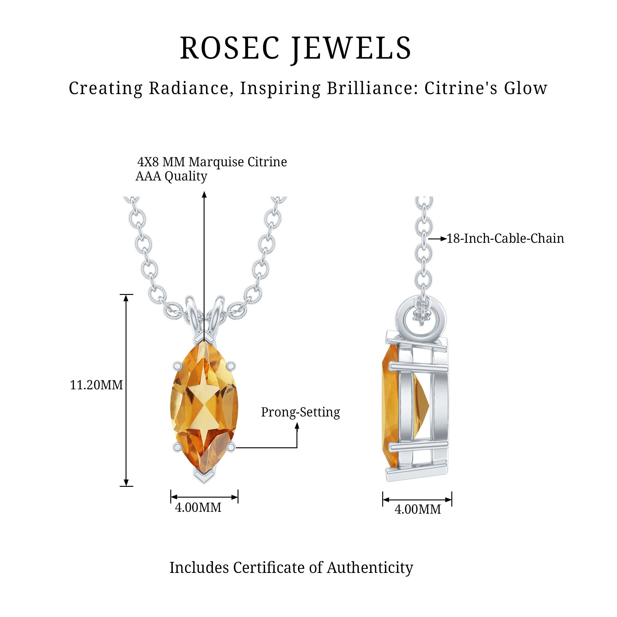 Marquise Cut 4X8 MM Citrine Solitaire Necklace with Silver Chain AAA 92.5 Sterling Silver - Rosec Jewels