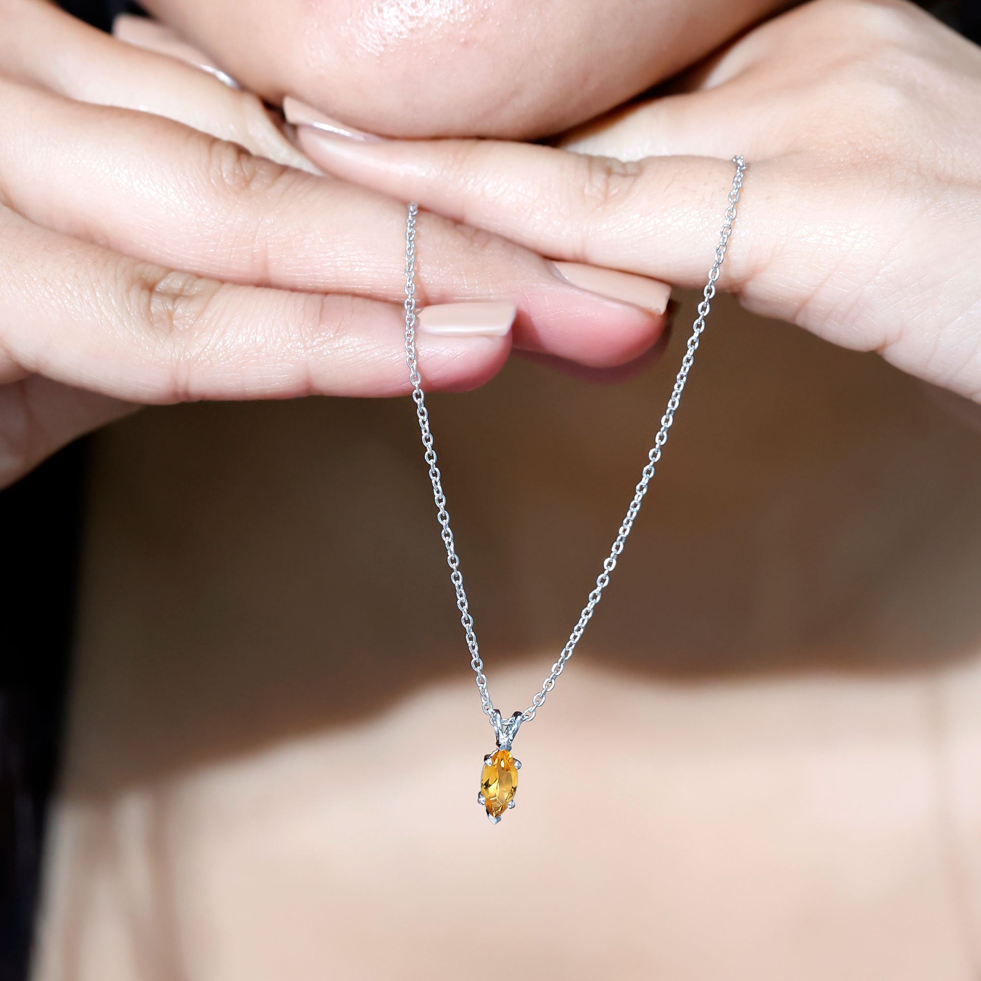 Marquise Cut 4X8 MM Citrine Solitaire Necklace with Silver Chain AAA 92.5 Sterling Silver - Rosec Jewels