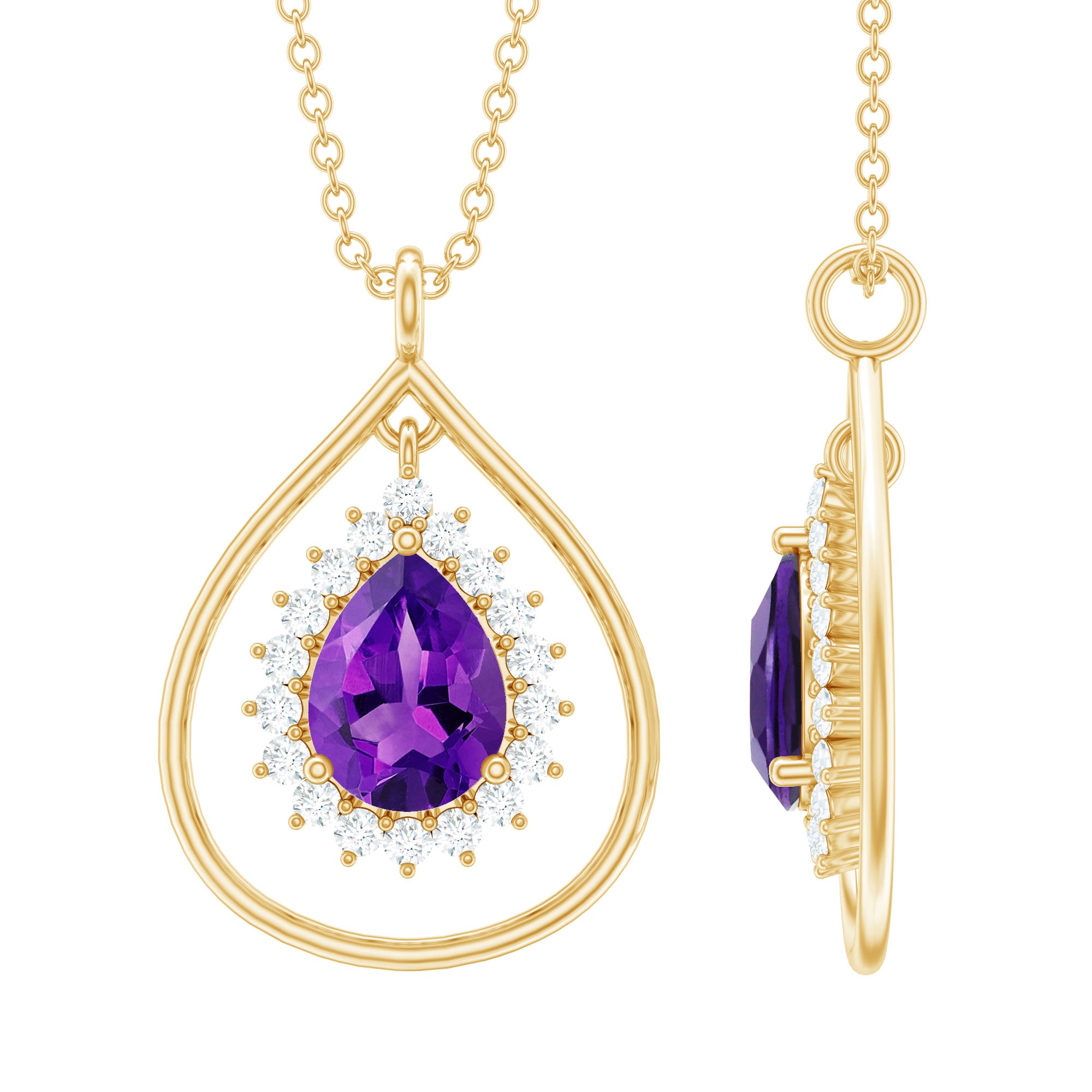 1 Carat Amethyst Teardrop Necklace with Moissanite Halo AAA - Rosec Jewels