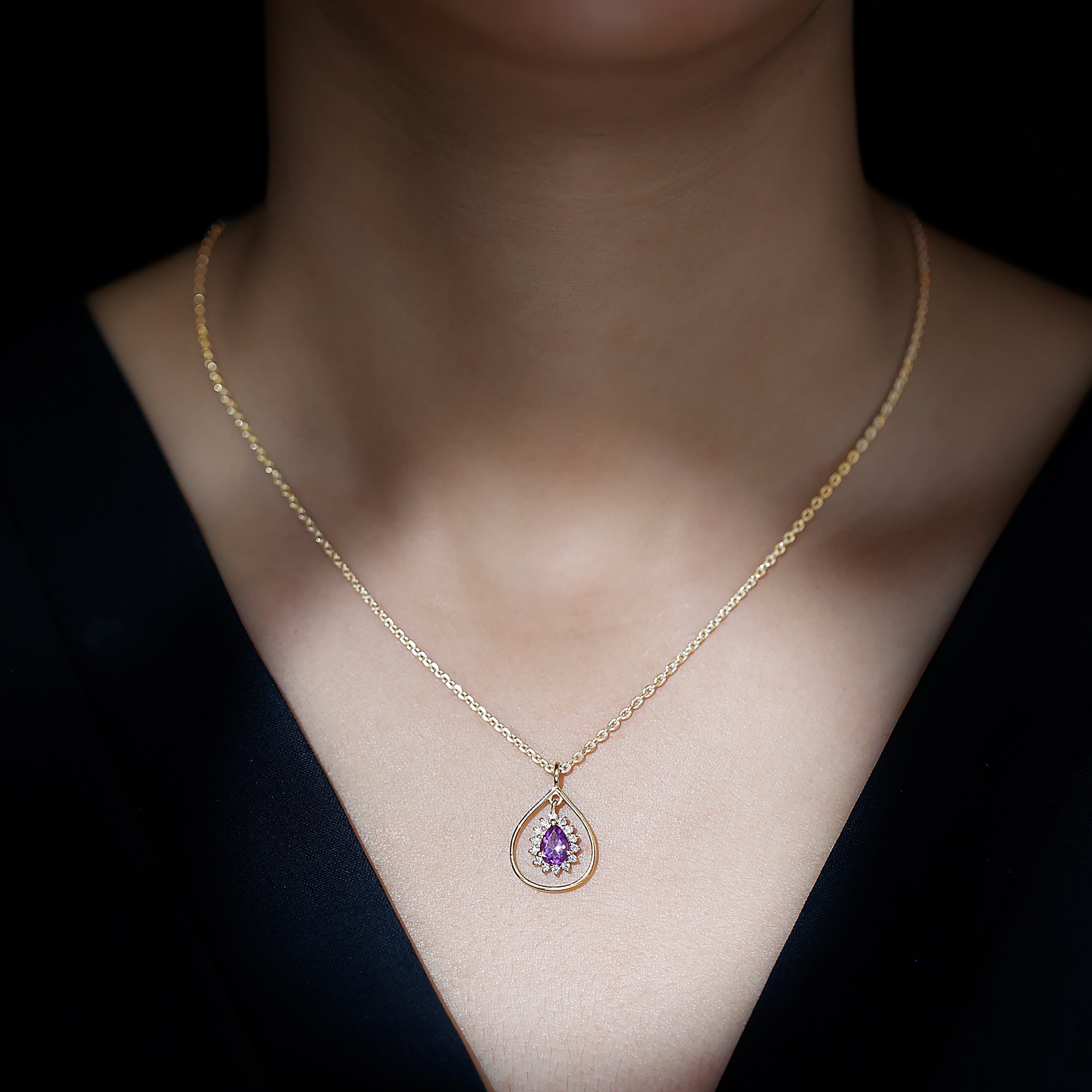1 Carat Amethyst Teardrop Necklace with Moissanite Halo AAA - Rosec Jewels