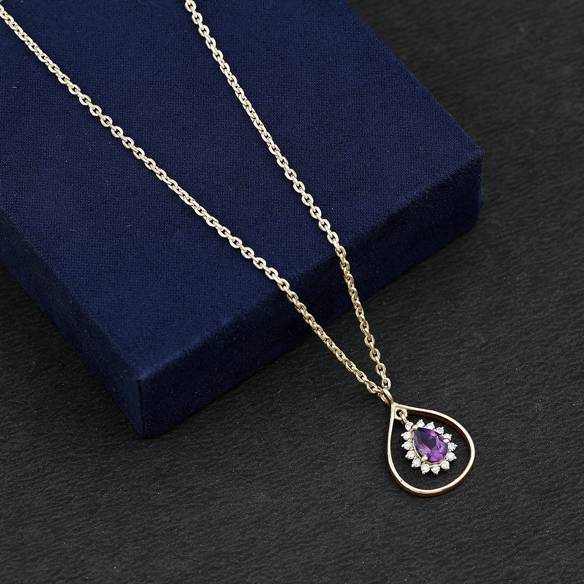 1 Carat Amethyst Teardrop Necklace with Moissanite Halo AAA - Rosec Jewels