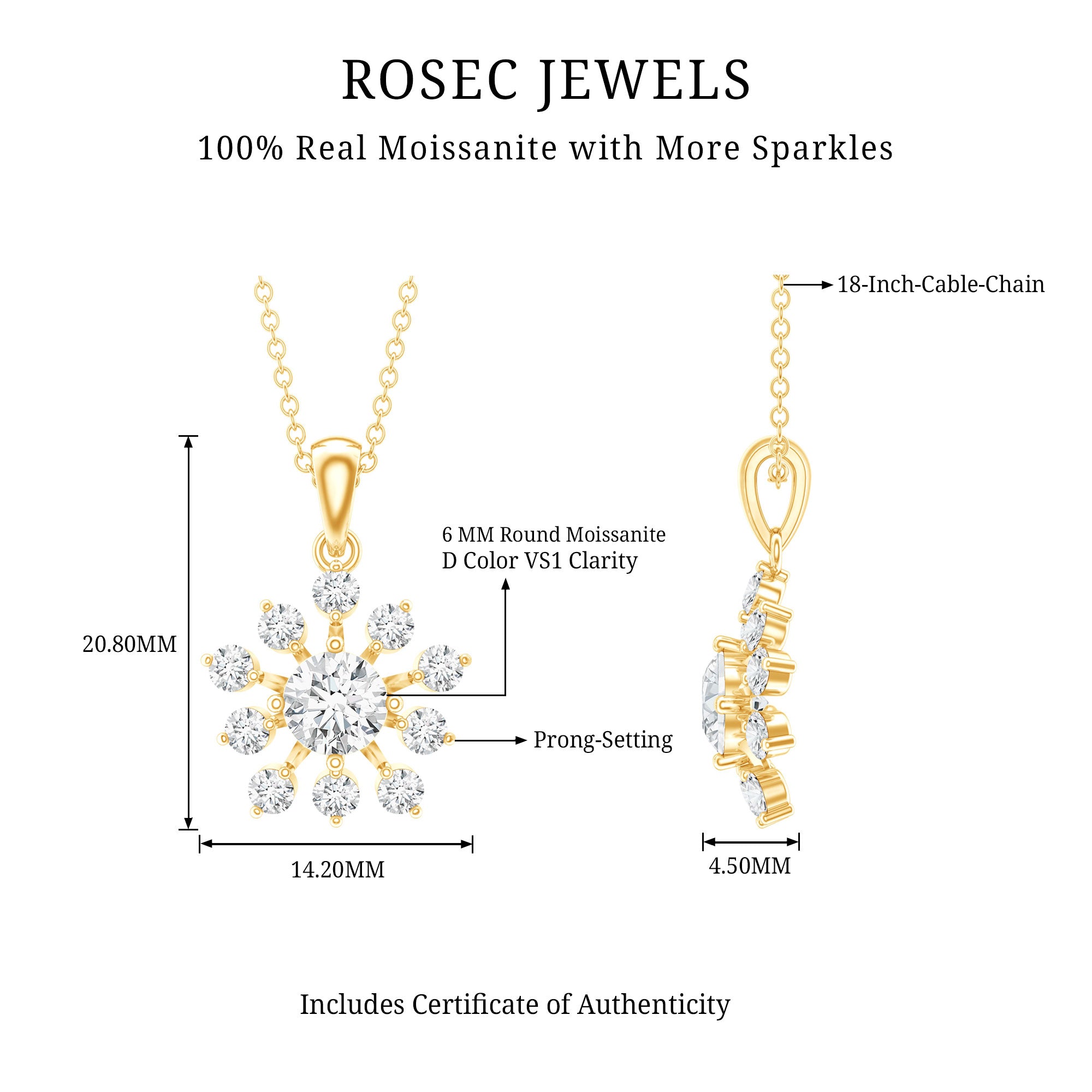 Certified Moissanite Snowflake Necklace in Yellow Gold Plated Silver D-VS1 14K Yellow Gold Plated Silver - Rosec Jewels