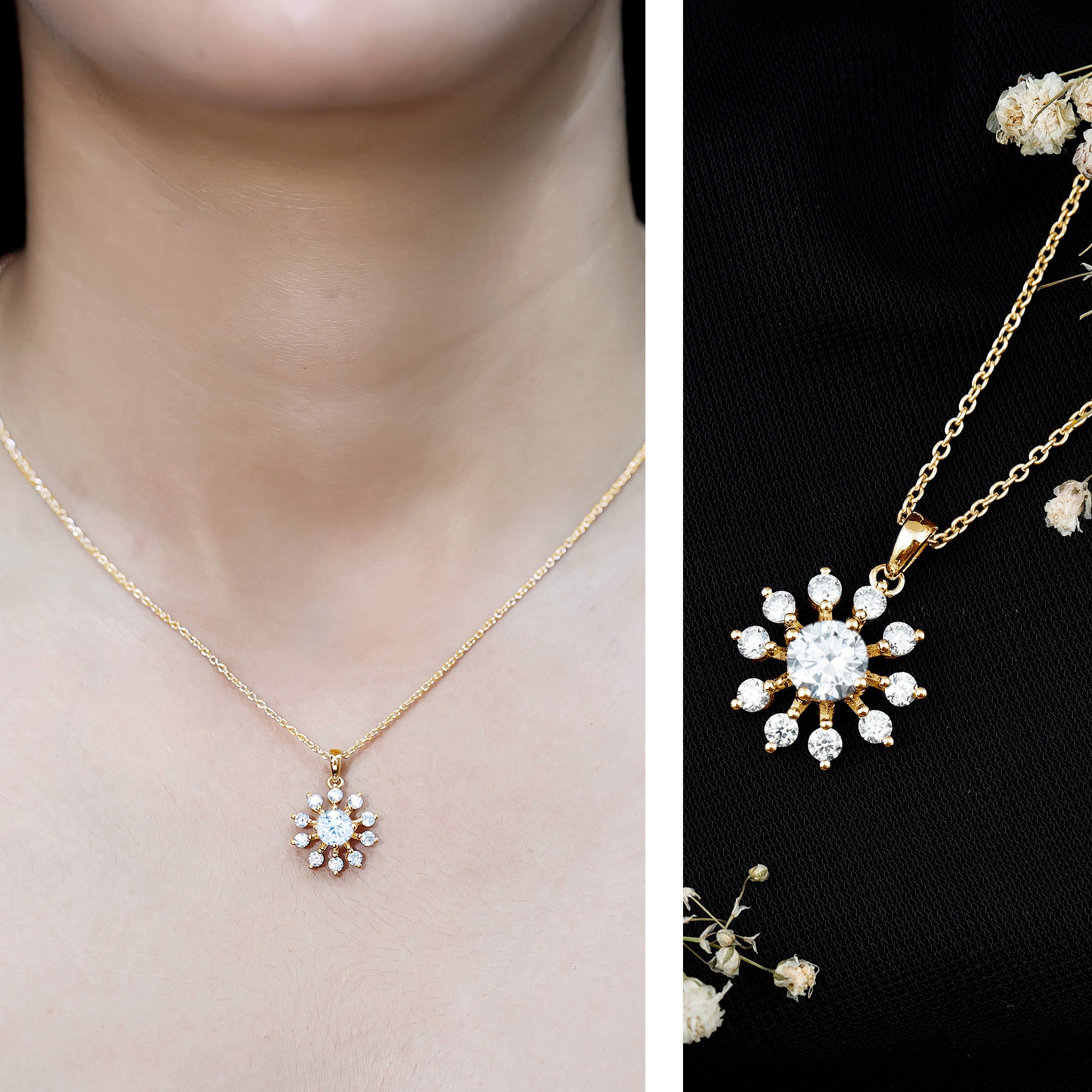 Certified Moissanite Snowflake Necklace in Yellow Gold Plated Silver D-VS1 14K Yellow Gold Plated Silver - Rosec Jewels
