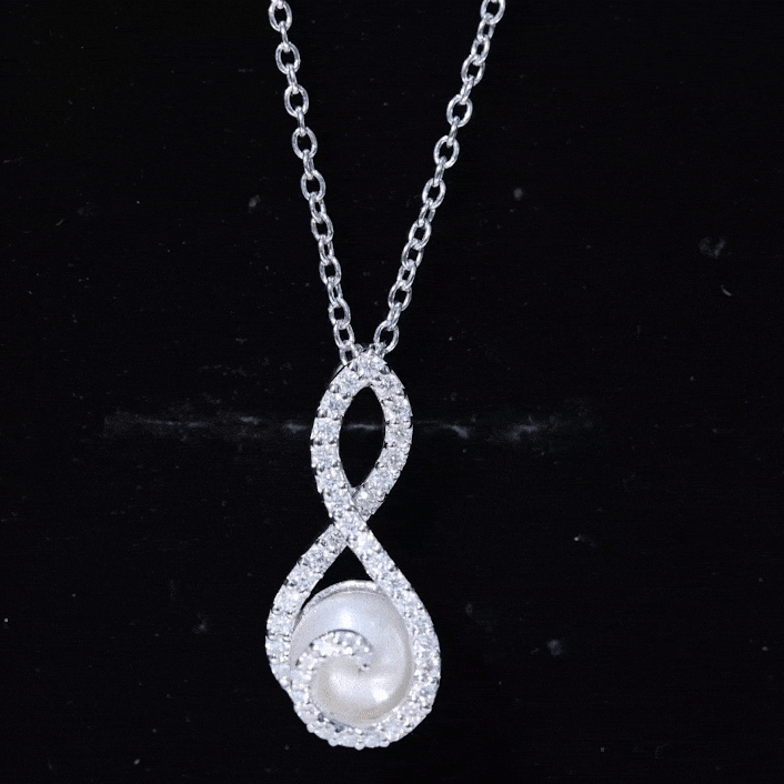 Freshwater White Pearl and Moissanite Infinity Pendant in Silver AAA 92.5 Sterling Silver - Rosec Jewels