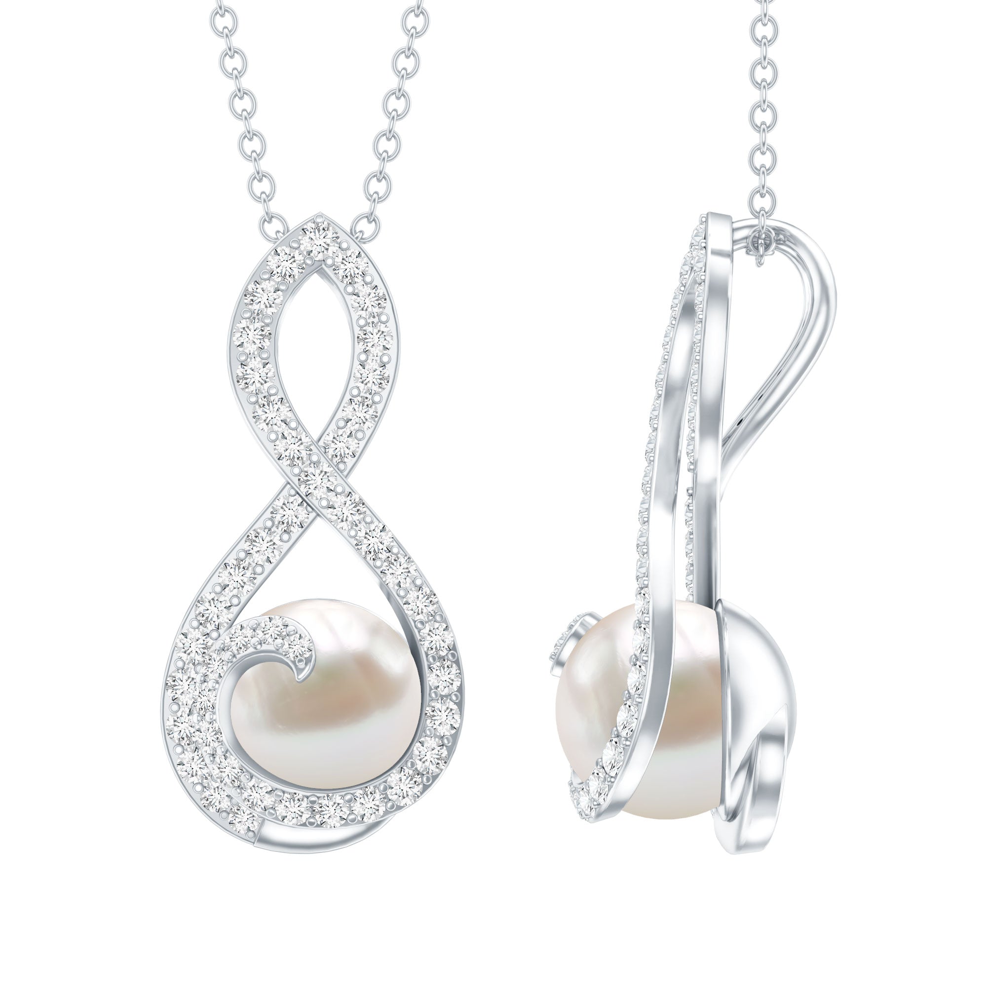 Freshwater White Pearl and Moissanite Infinity Pendant in Silver AAA 92.5 Sterling Silver - Rosec Jewels