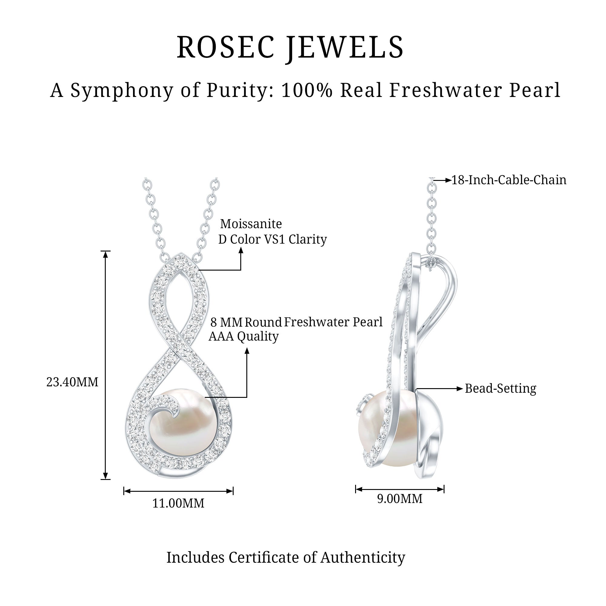 Freshwater White Pearl and Moissanite Infinity Pendant in Silver AAA 92.5 Sterling Silver - Rosec Jewels