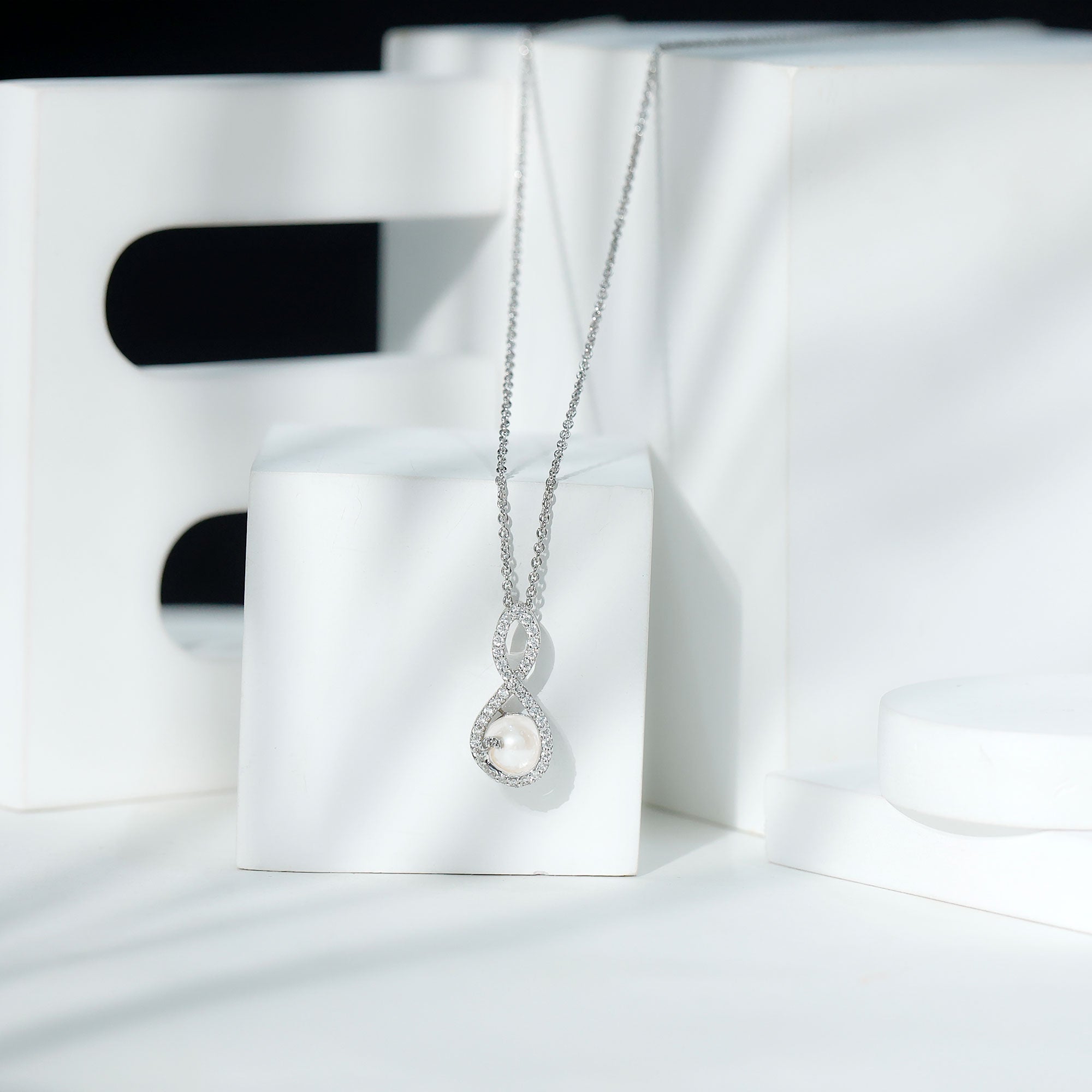 Freshwater White Pearl and Moissanite Infinity Pendant in Silver AAA 92.5 Sterling Silver - Rosec Jewels