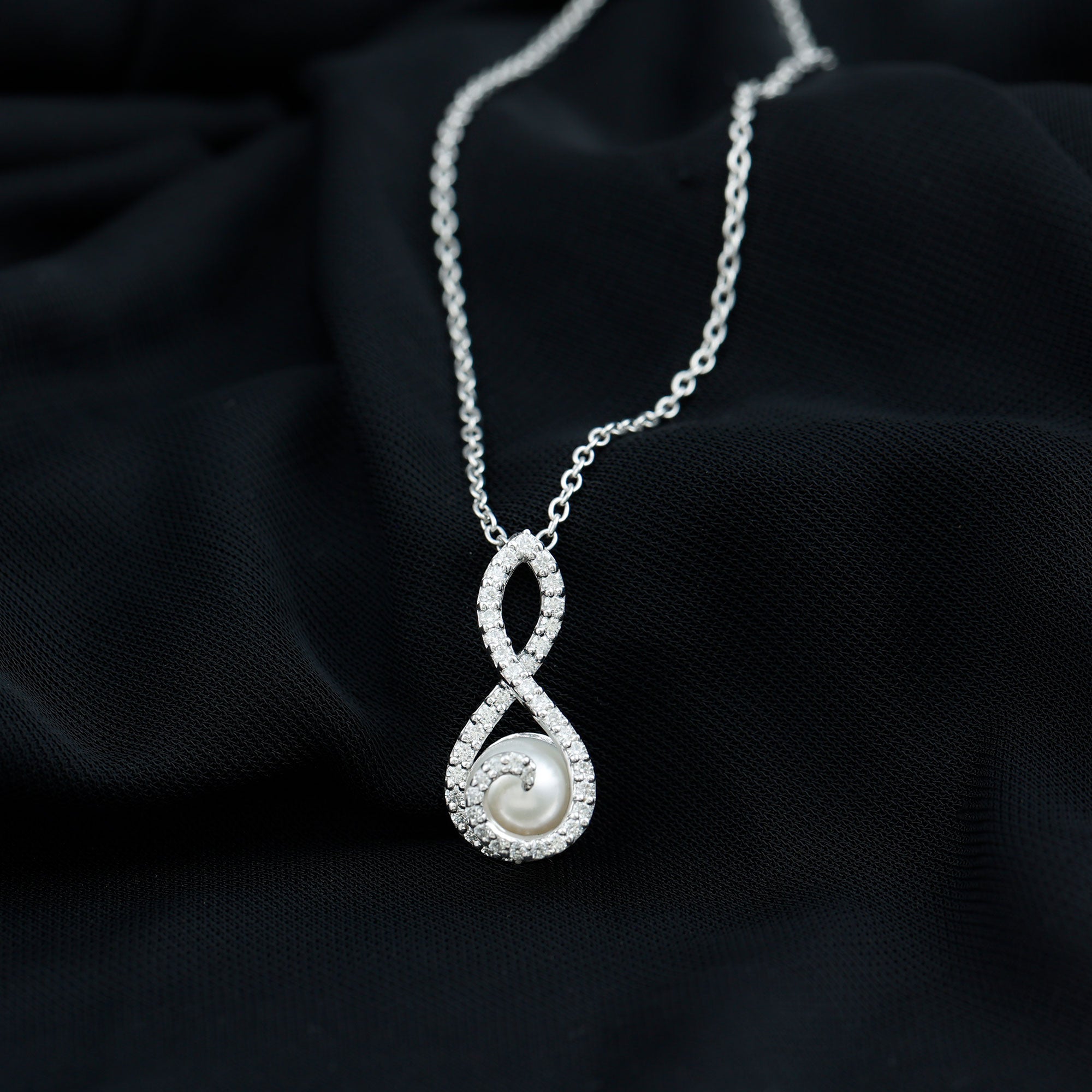 Freshwater White Pearl and Moissanite Infinity Pendant in Silver AAA 92.5 Sterling Silver - Rosec Jewels