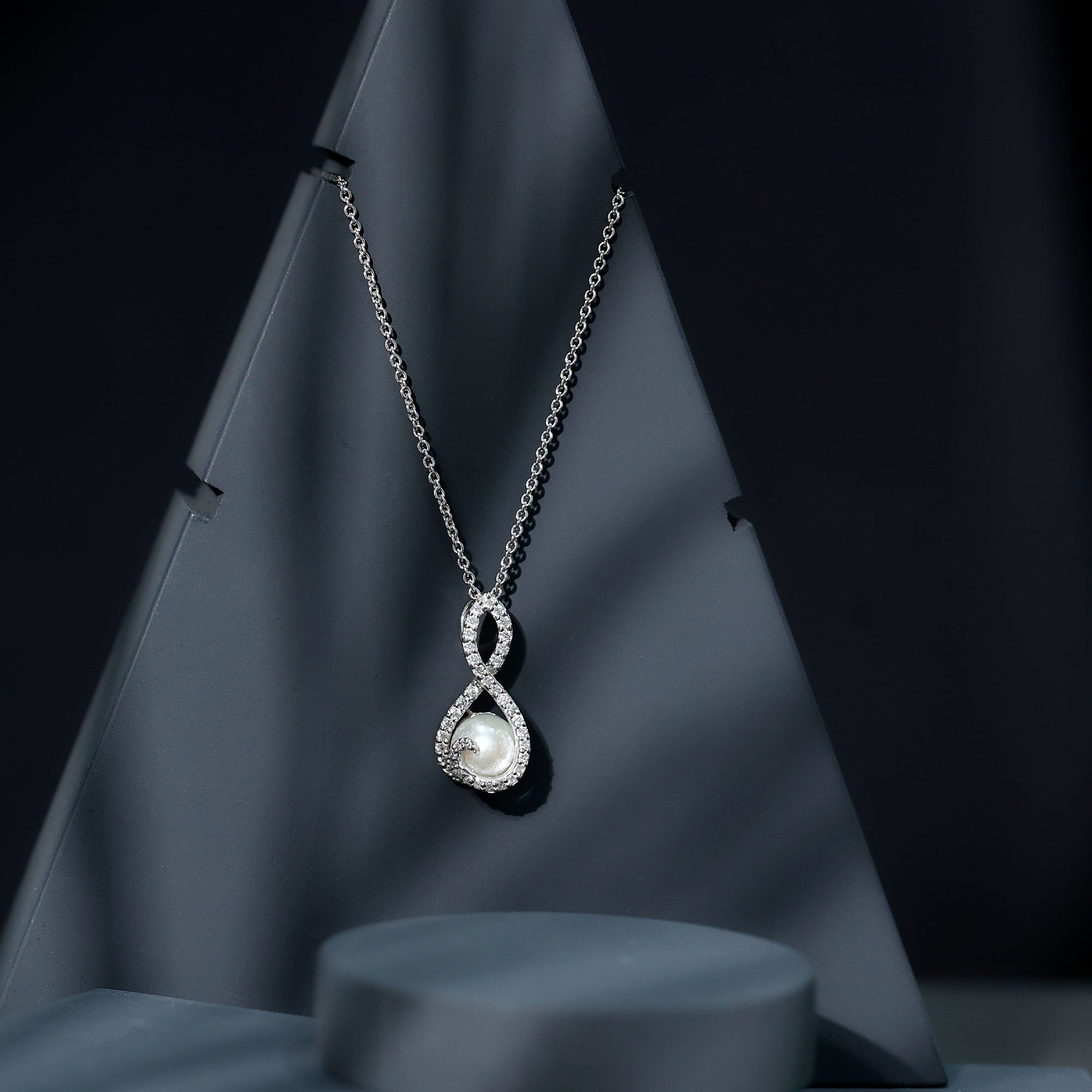 Freshwater White Pearl and Moissanite Infinity Pendant in Silver AAA 92.5 Sterling Silver - Rosec Jewels