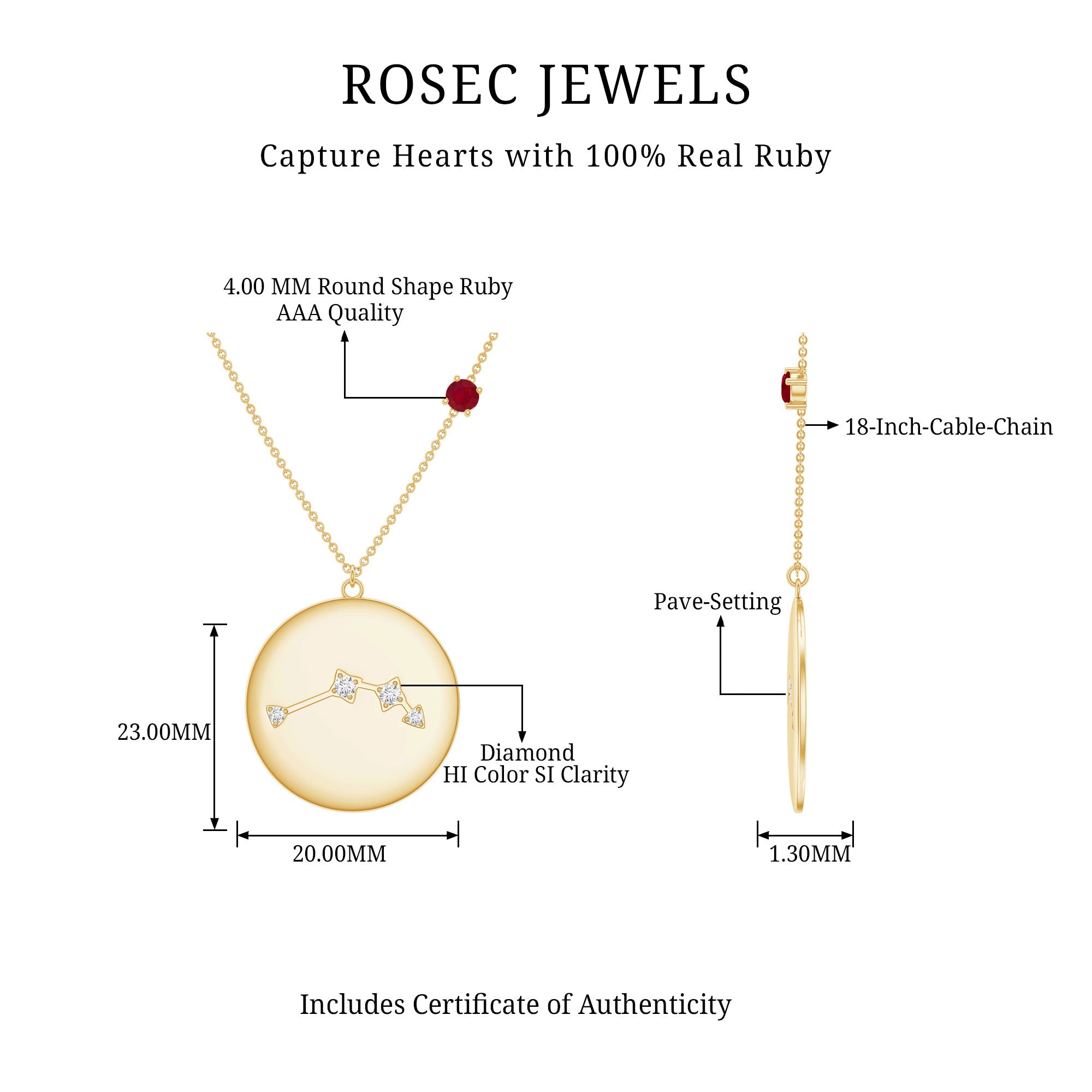 Genuine Ruby and Diamond Cancer Constellation Necklace AAA - Rosec Jewels