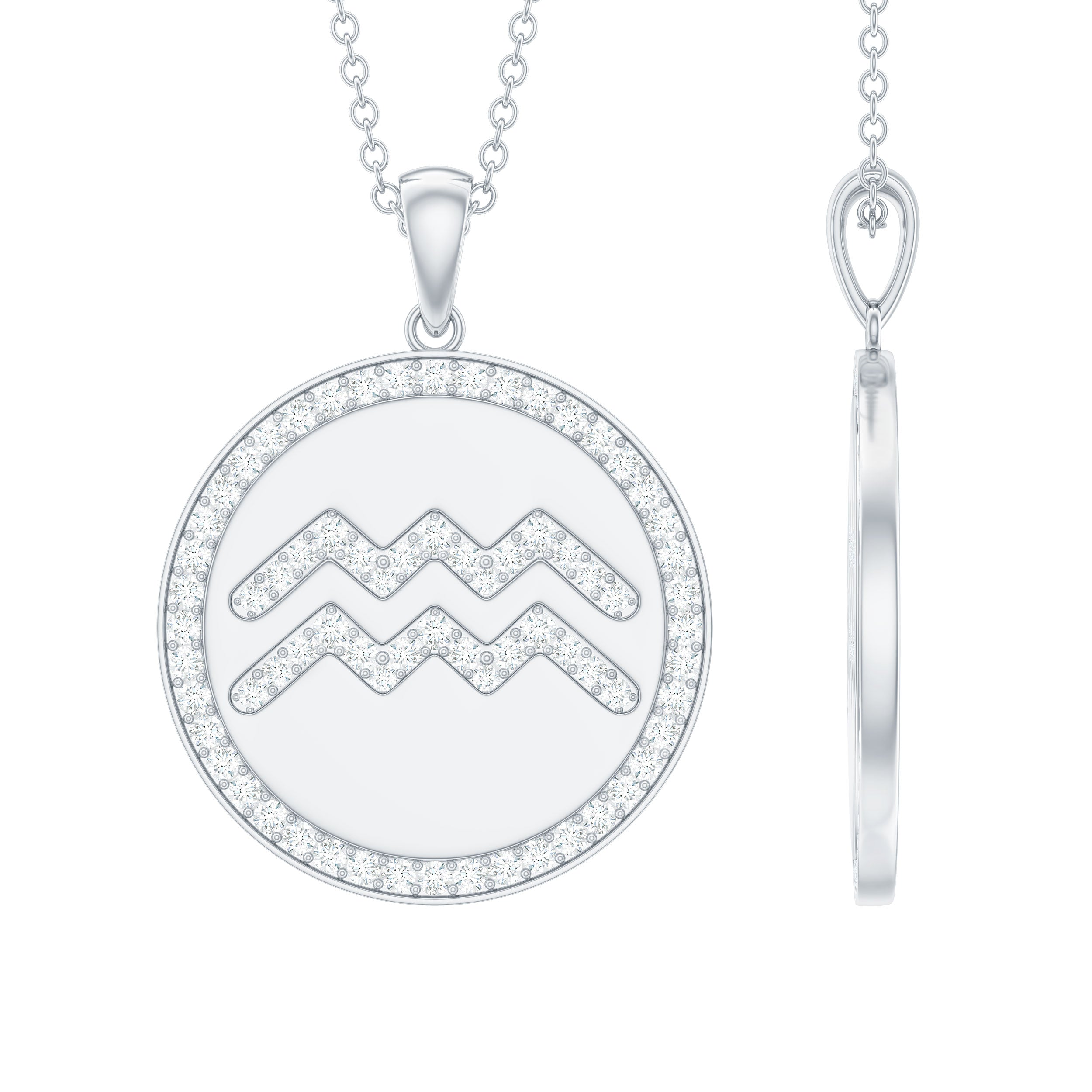Moissanite Disc Aquarius Zodiac Sign Pendant Necklace