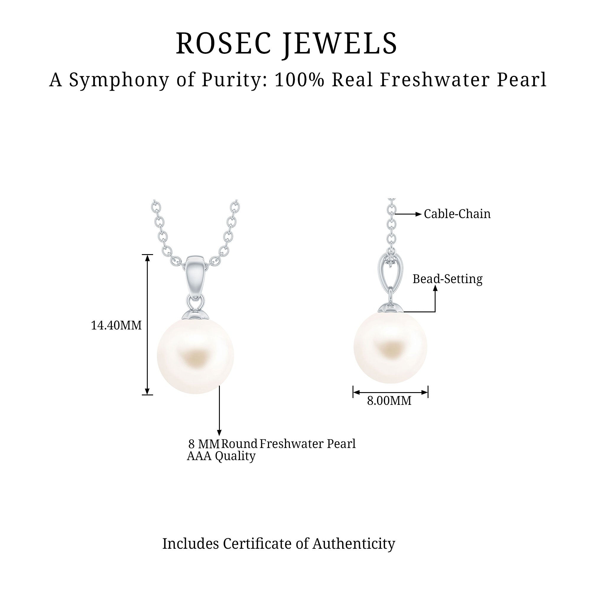 Natural 7.48 Carat Freshwater Pearl Solitaire Pendant Necklace AAA 92.5 Sterling Silver - Rosec Jewels