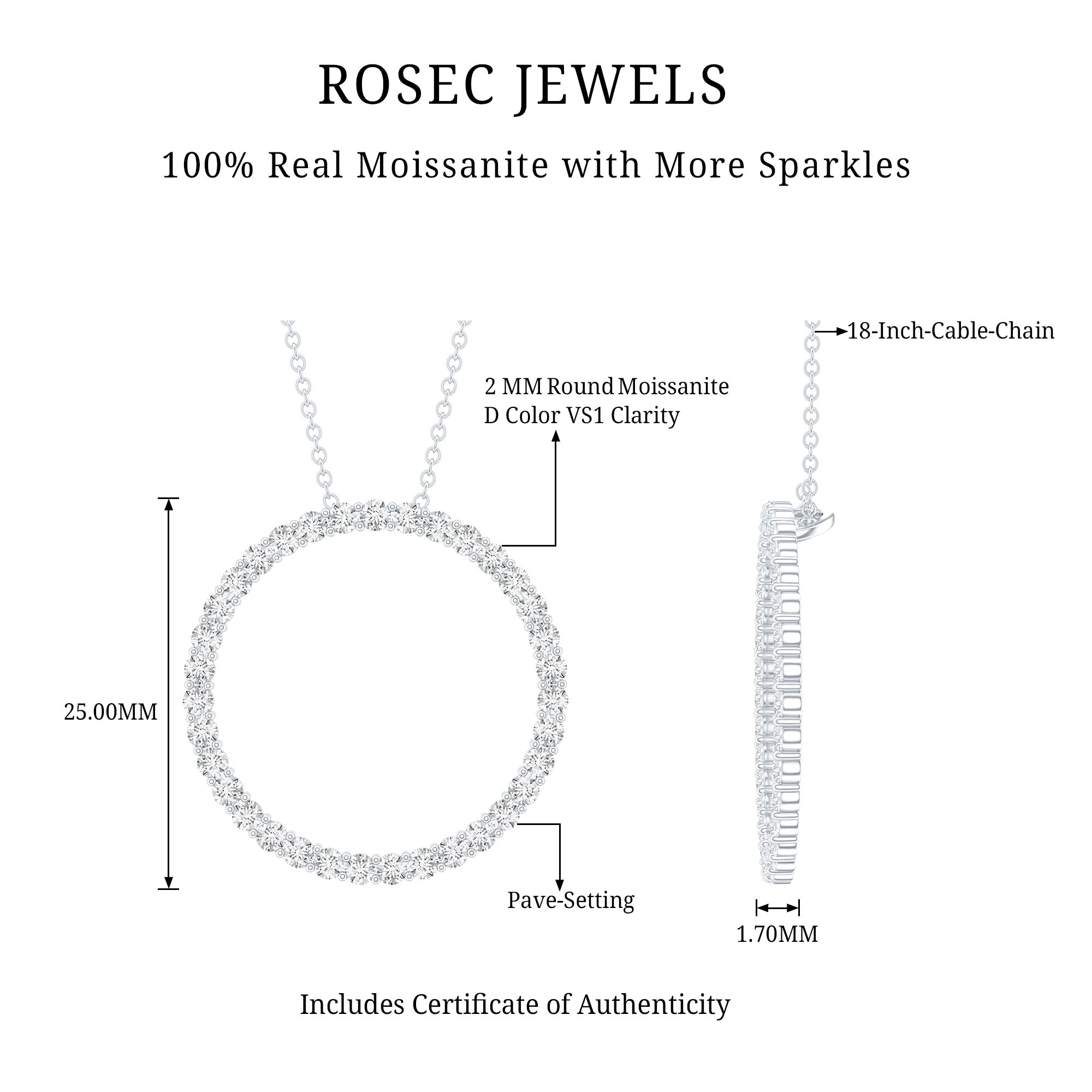 Certified Moissanite Eternity Circle Necklace with Chain D-VS1 92.5 Sterling Silver - Rosec Jewels