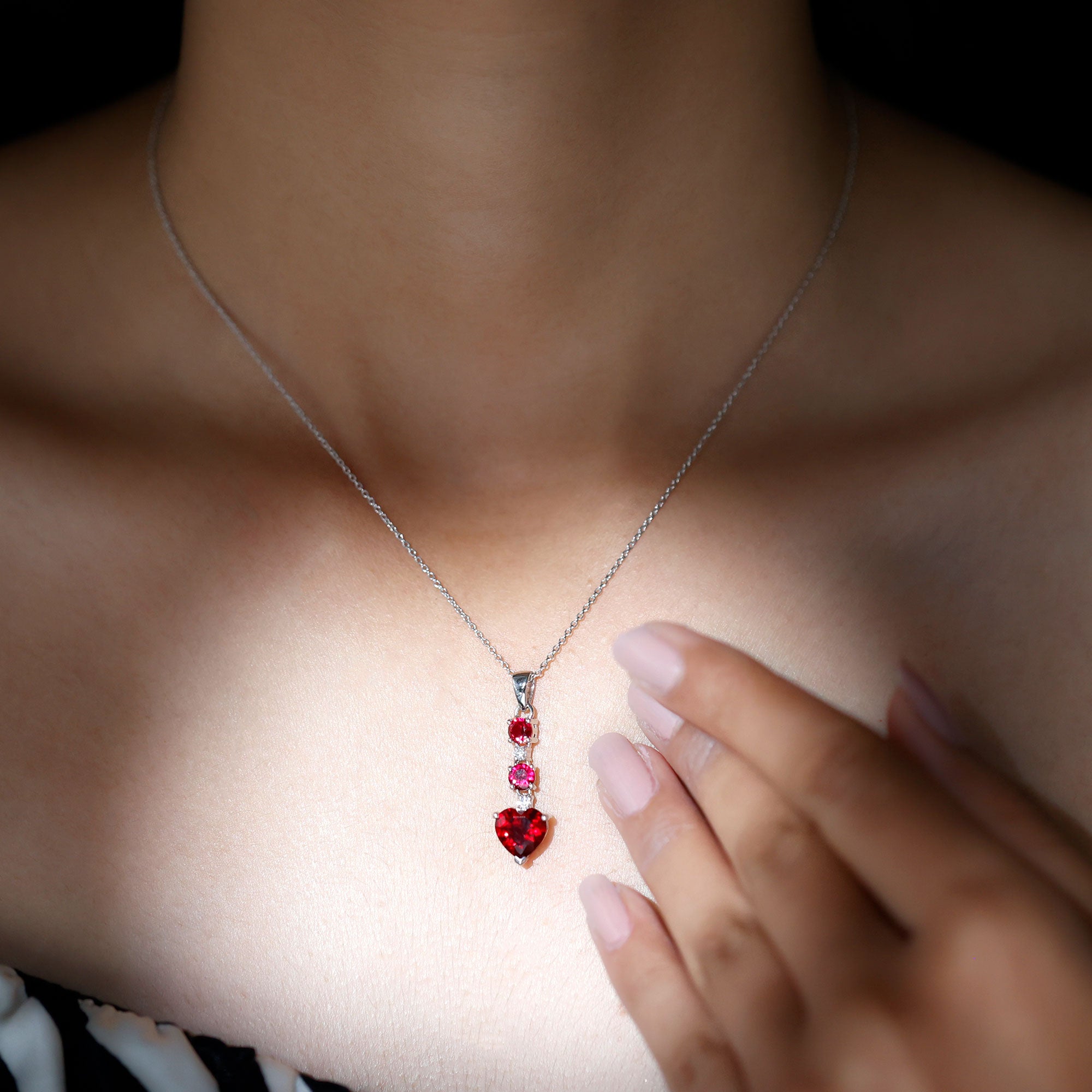 Created Ruby and Moissanite Heart Dangle Pendant Necklace in Silver - Rosec Jewels