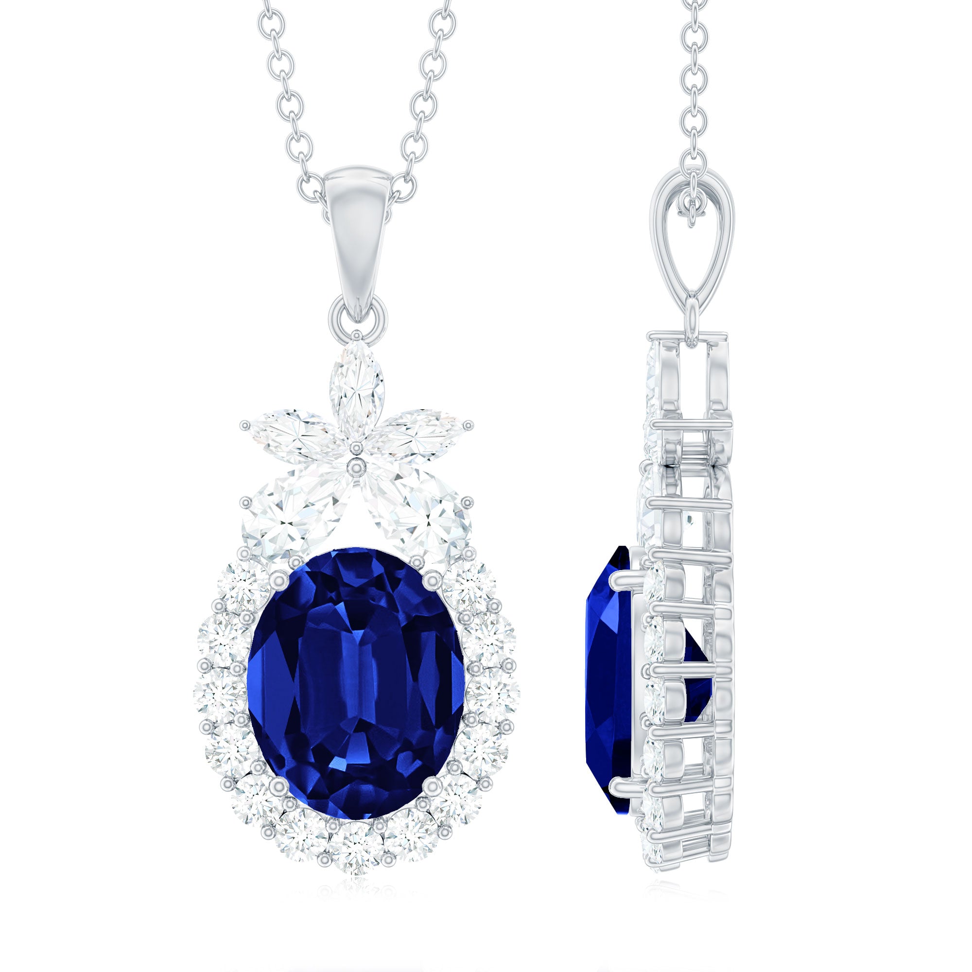 Oval Cut Created Blue Sapphire and Moissanite Silver Floral Statement Pendant - Rosec Jewels