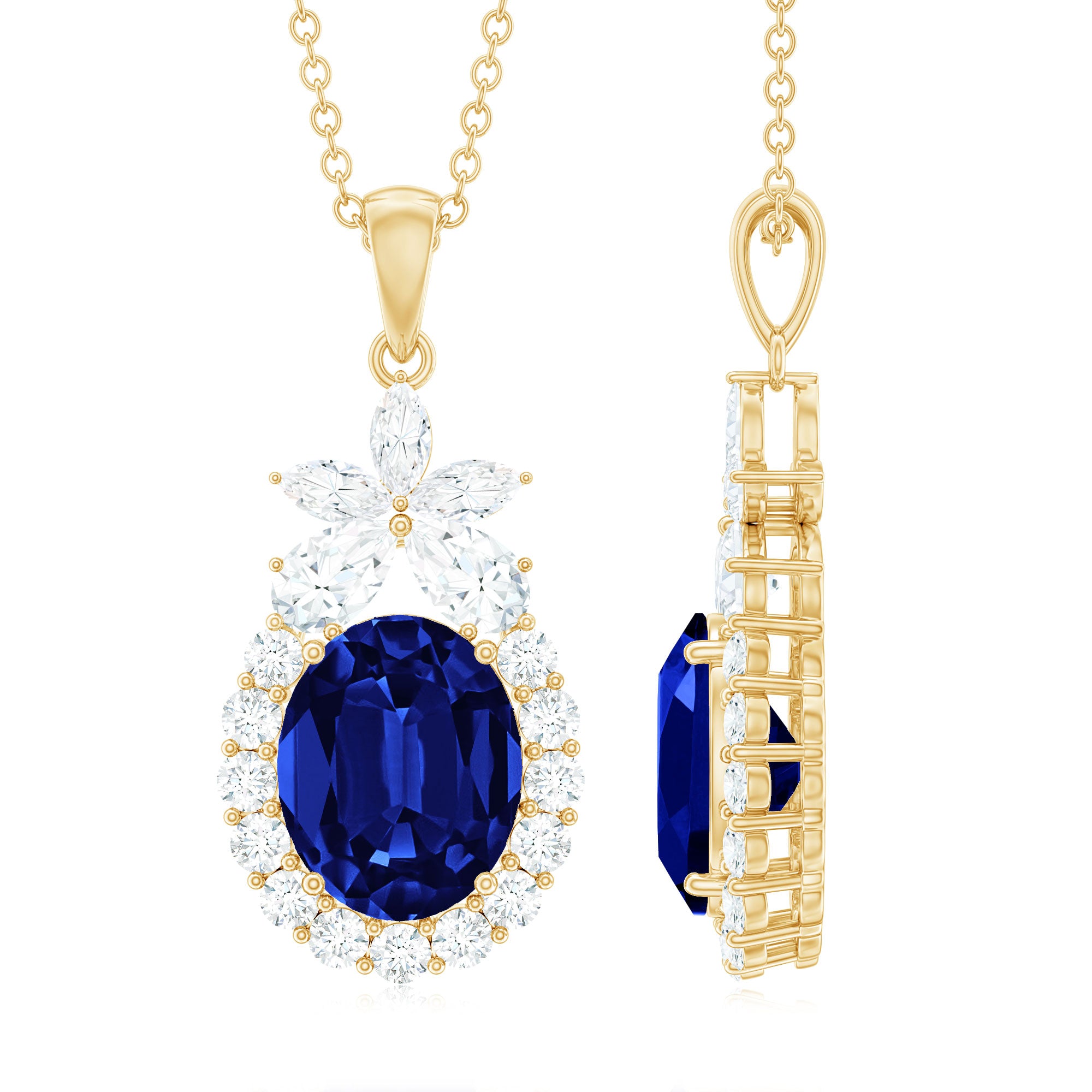 4 Carat Oval Shape Lab Created Blue Sapphire Statement Necklace with Moissanite AAAA - Rosec Jewels