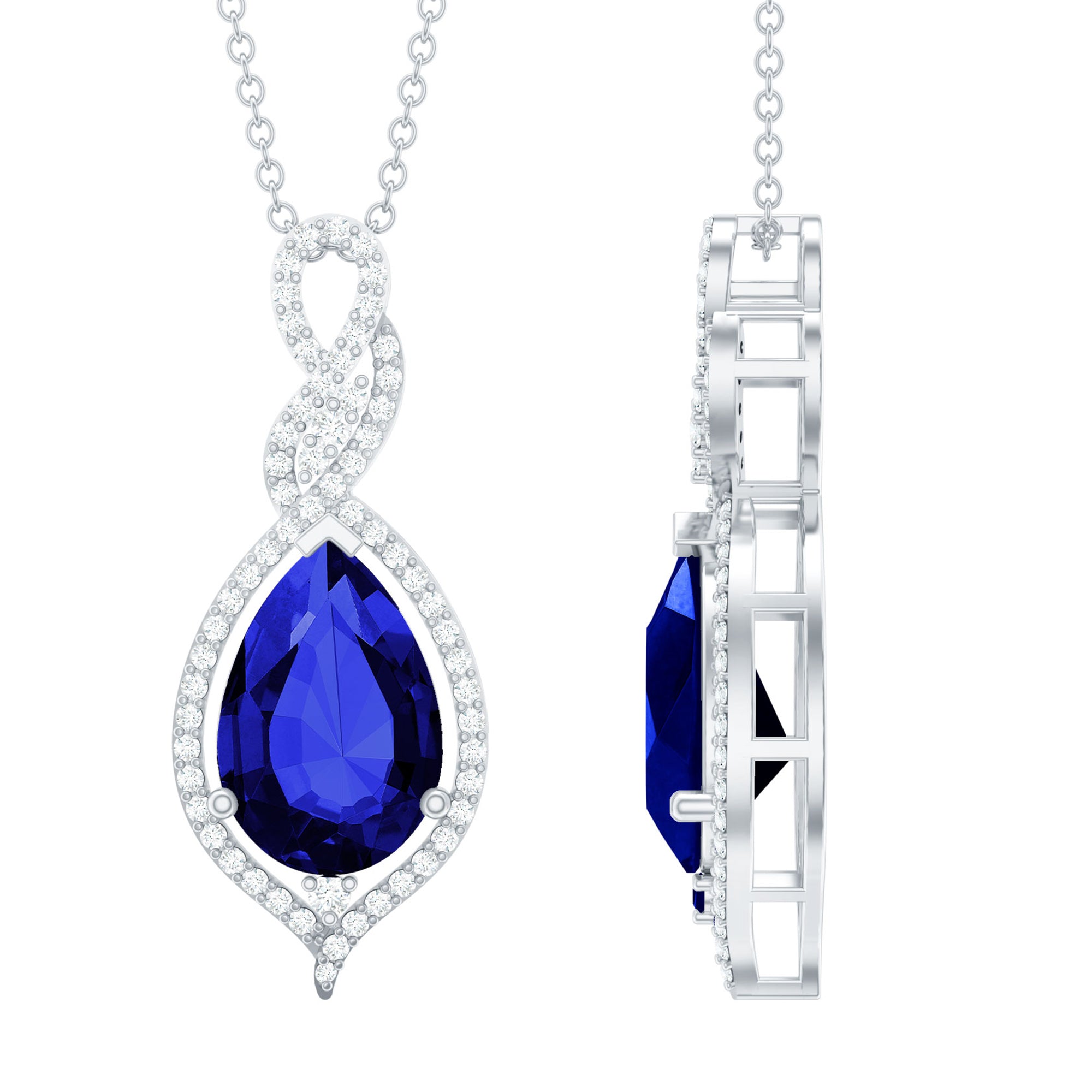 Certified 2.5 Carat Lab Grown Blue Sapphire Teardrop Necklace with Chain AAAA 92.5 Sterling Silver - Rosec Jewels