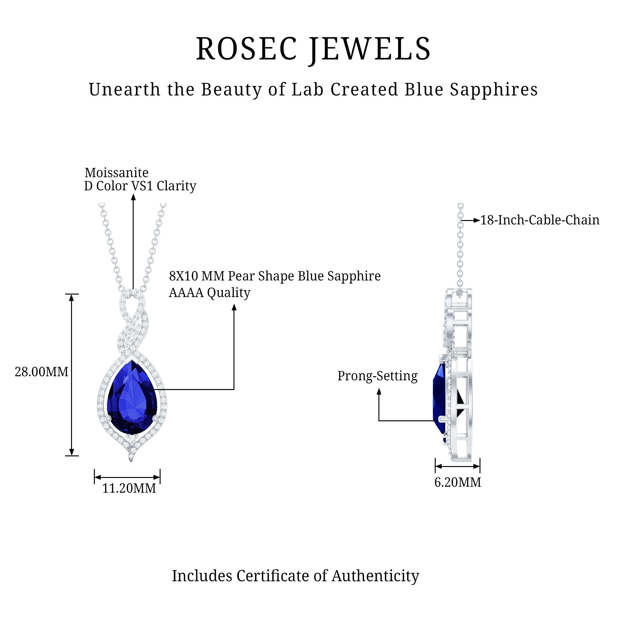 Certified 2.5 Carat Lab Grown Blue Sapphire Teardrop Necklace with Chain AAAA 92.5 Sterling Silver - Rosec Jewels