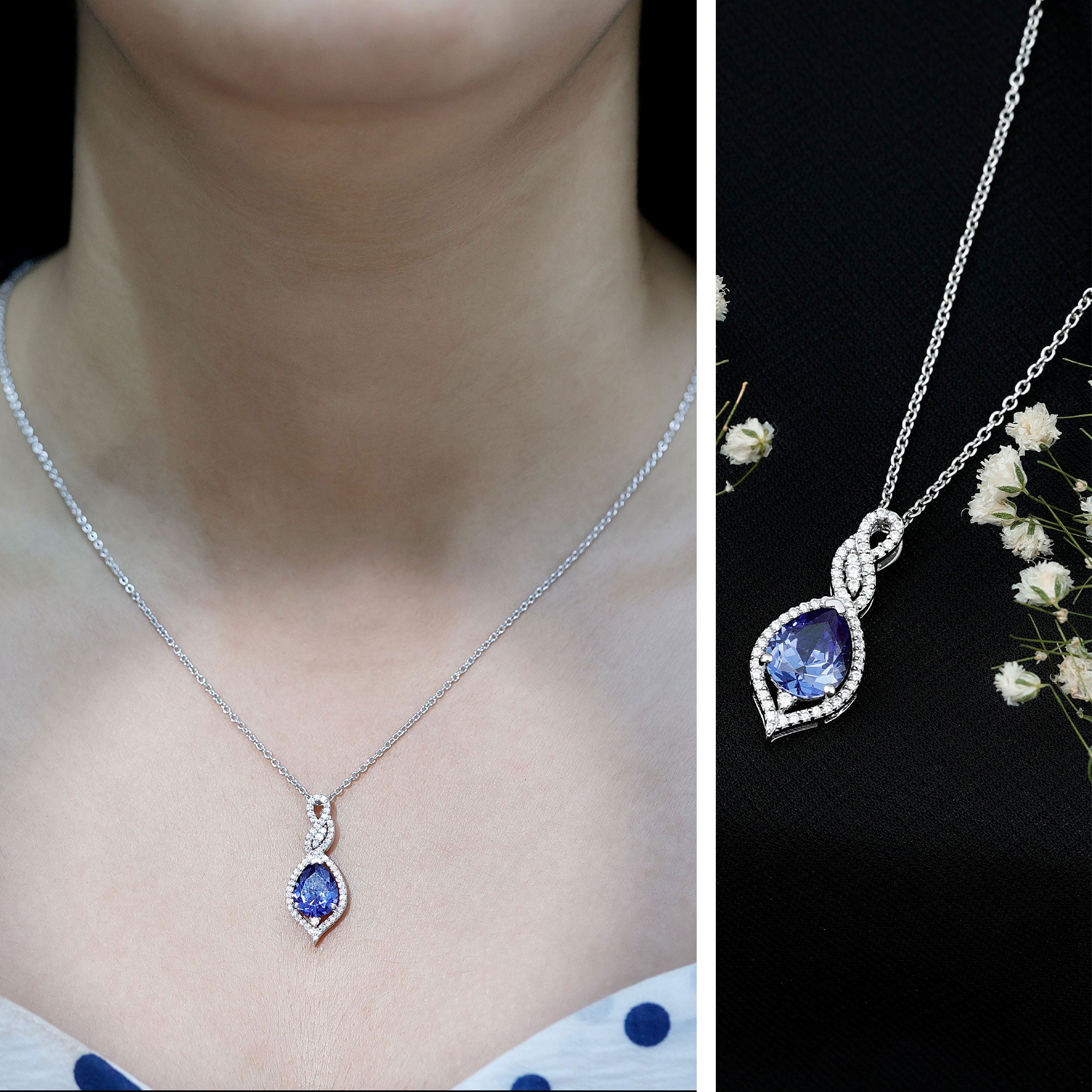 Certified 2.5 Carat Lab Grown Blue Sapphire Teardrop Necklace with Chain AAAA 92.5 Sterling Silver - Rosec Jewels