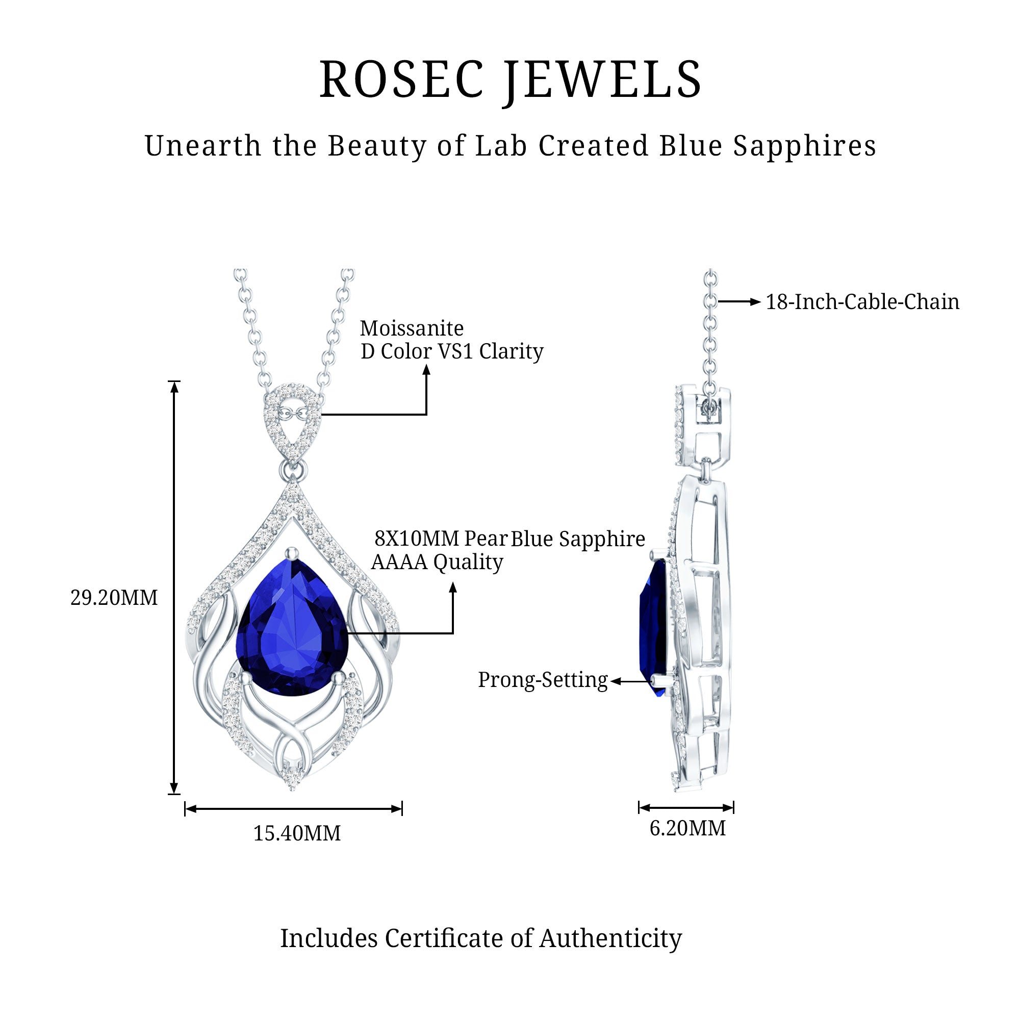Certified 3.35 Carat Lab Grown Blue Sapphire Designer Necklace with Silver Chain AAAA 92.5 Sterling Silver - Rosec Jewels
