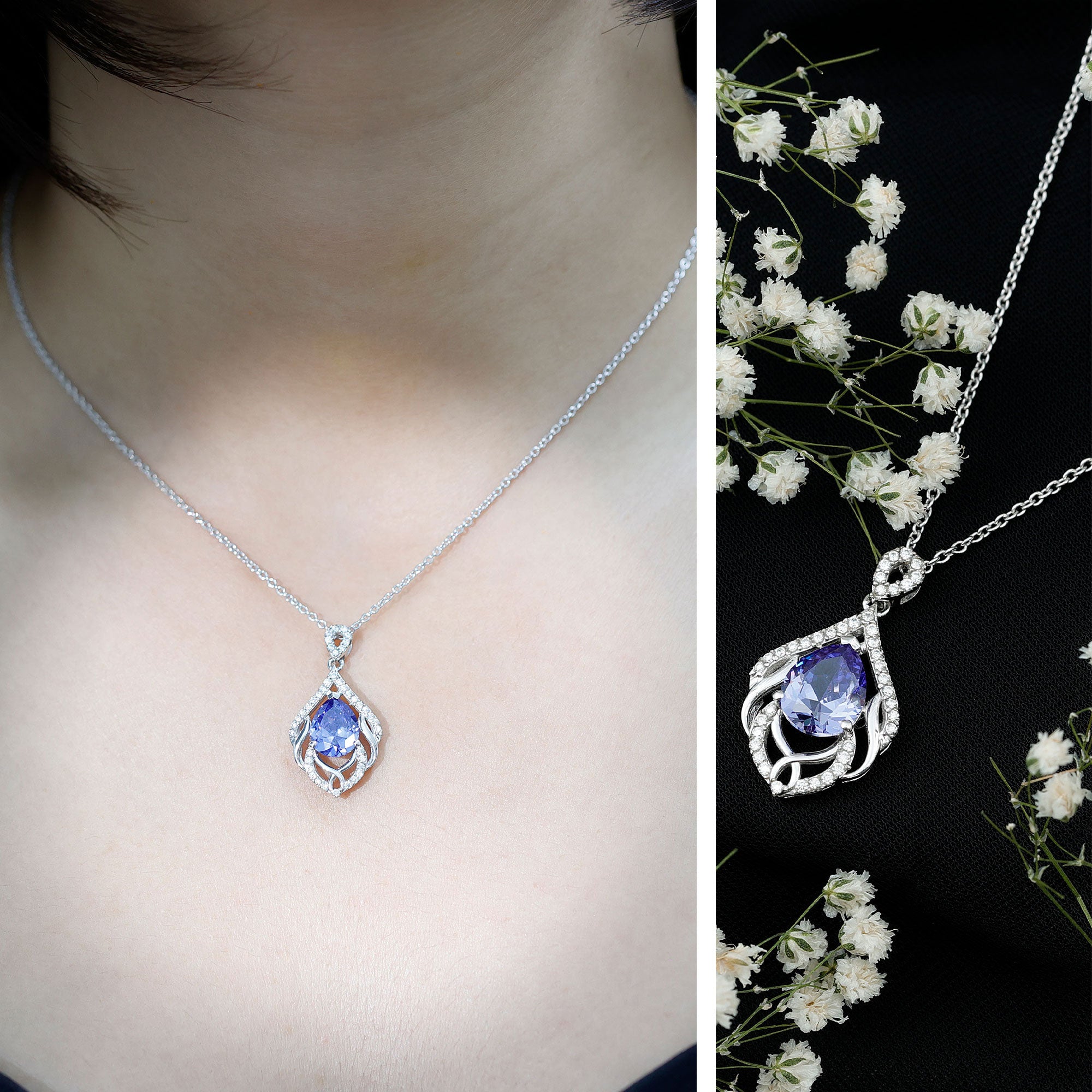 Certified 3.35 Carat Lab Grown Blue Sapphire Designer Necklace with Silver Chain AAAA 92.5 Sterling Silver - Rosec Jewels
