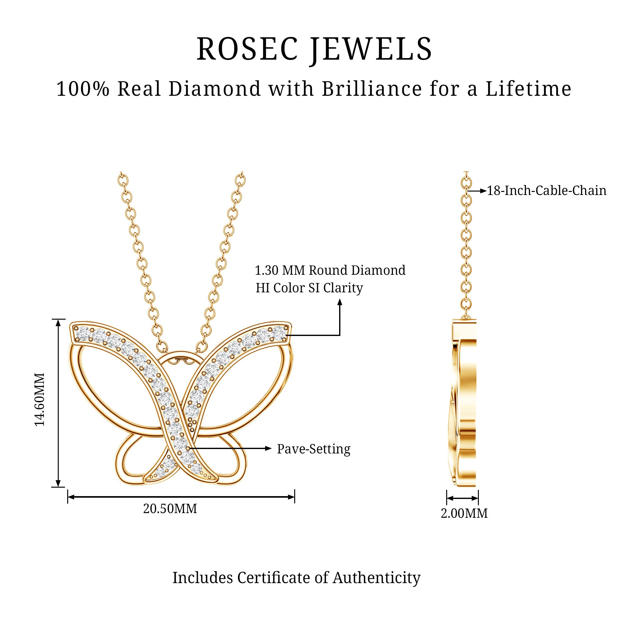 Diamond Butterfly Pendant Necklace For Women Natural - ( HI-SI ) - Rosec Jewels