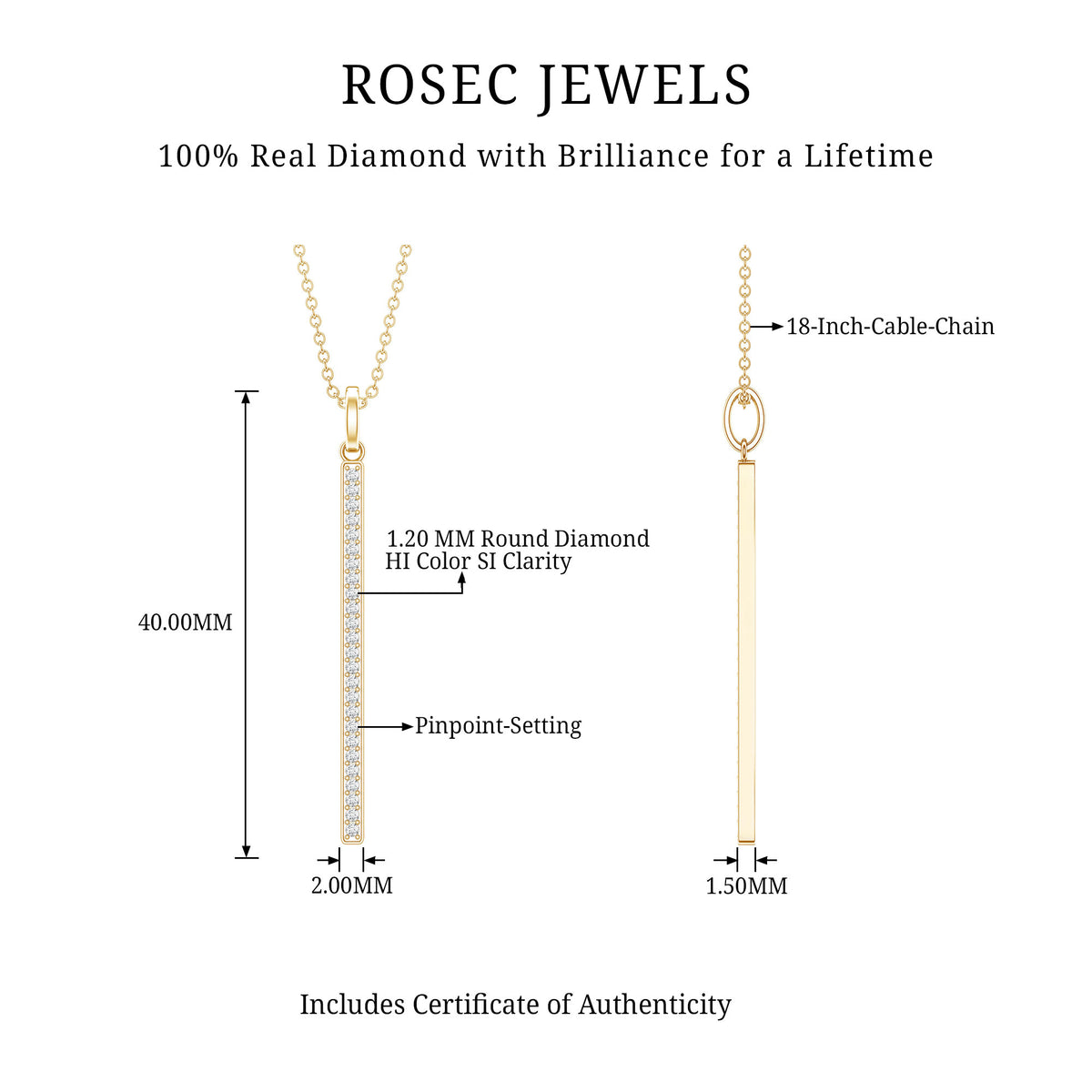 Round Cut Diamond Bar Necklace For Women Natural - ( HI-SI ) - Rosec Jewels