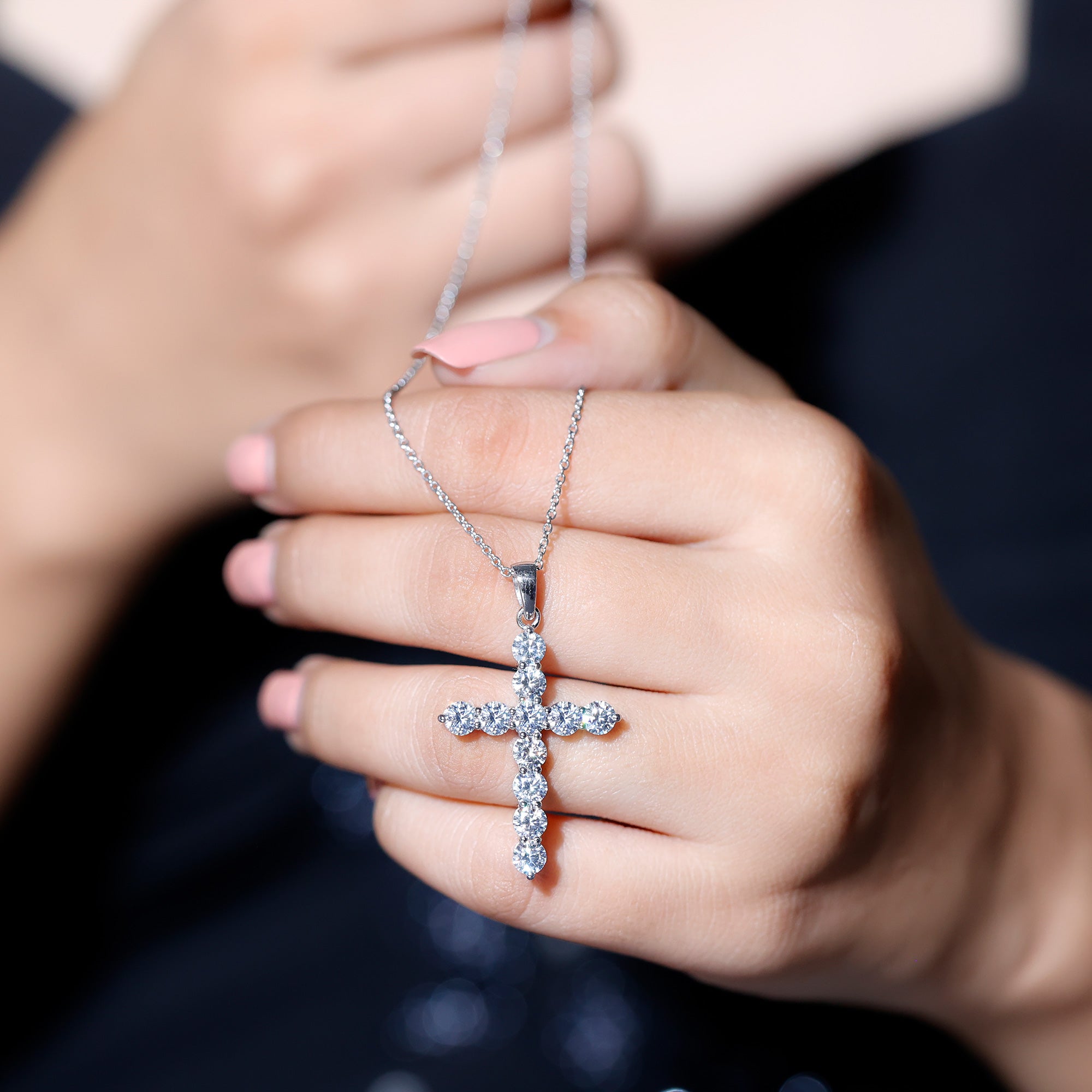 Certified Moissanite Cross Necklace With Silver Chain D-VS1 92.5 Sterling Silver - Rosec Jewels