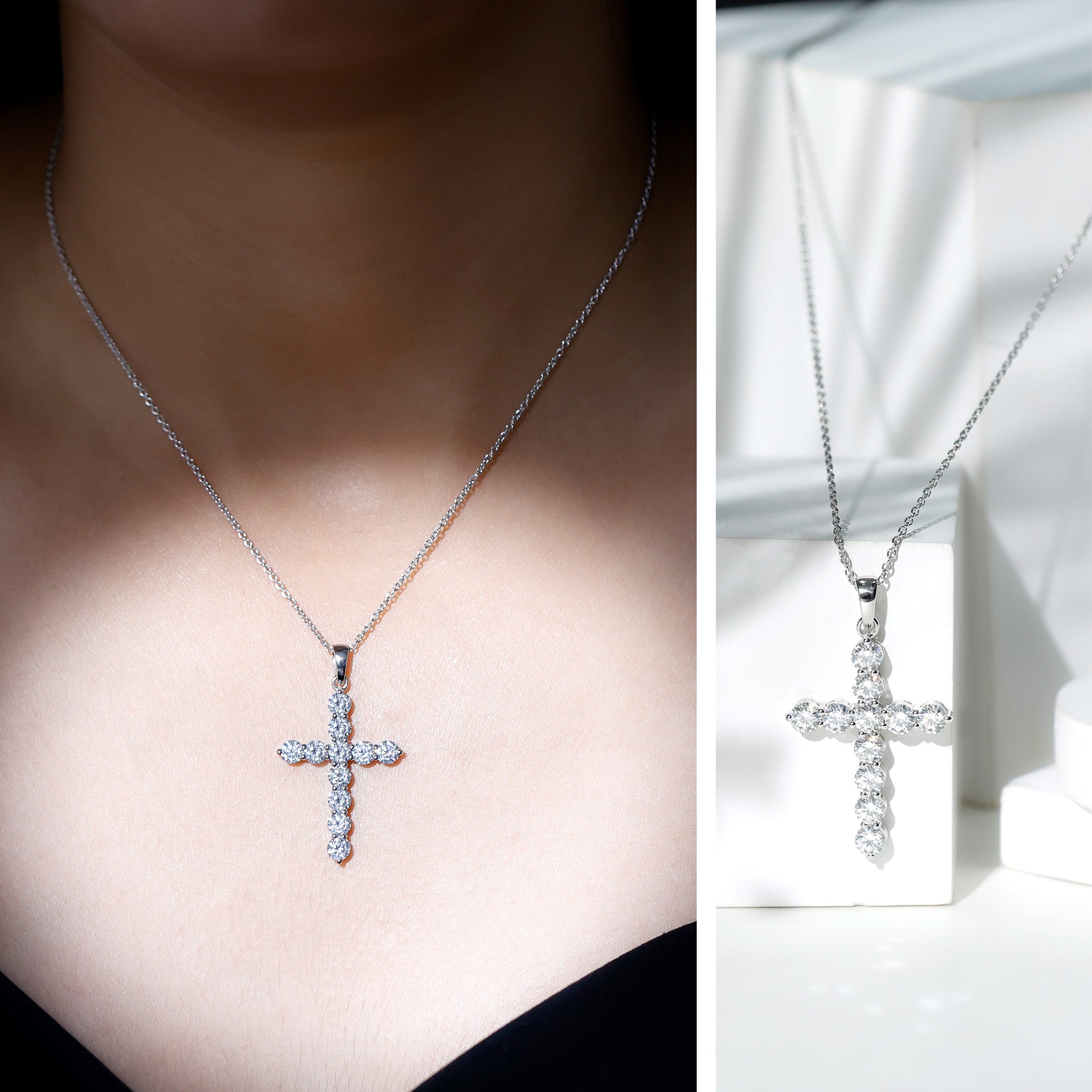 Certified Moissanite Cross Necklace With Silver Chain D-VS1 92.5 Sterling Silver - Rosec Jewels