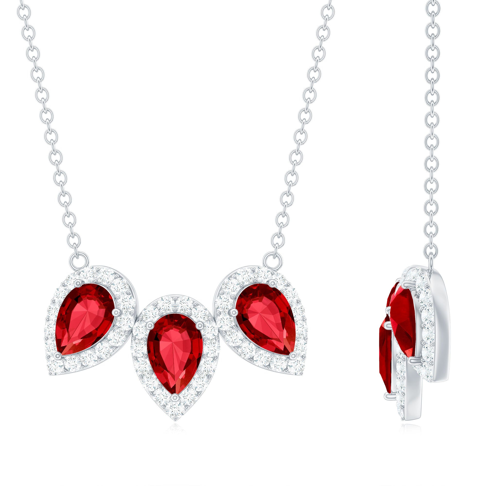 Pear Cut Lab Created Ruby Three Stone Necklace with Moissanite Halo