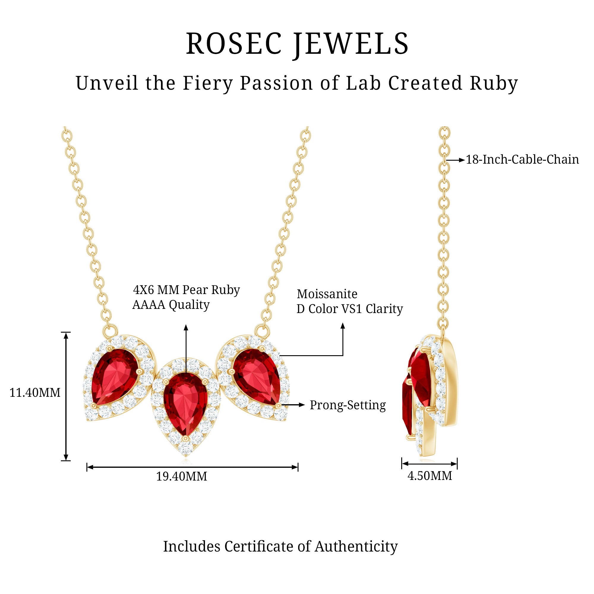 Pear Cut Lab Created Ruby Three Stone Necklace with Moissanite Halo AAAA - Rosec Jewels
