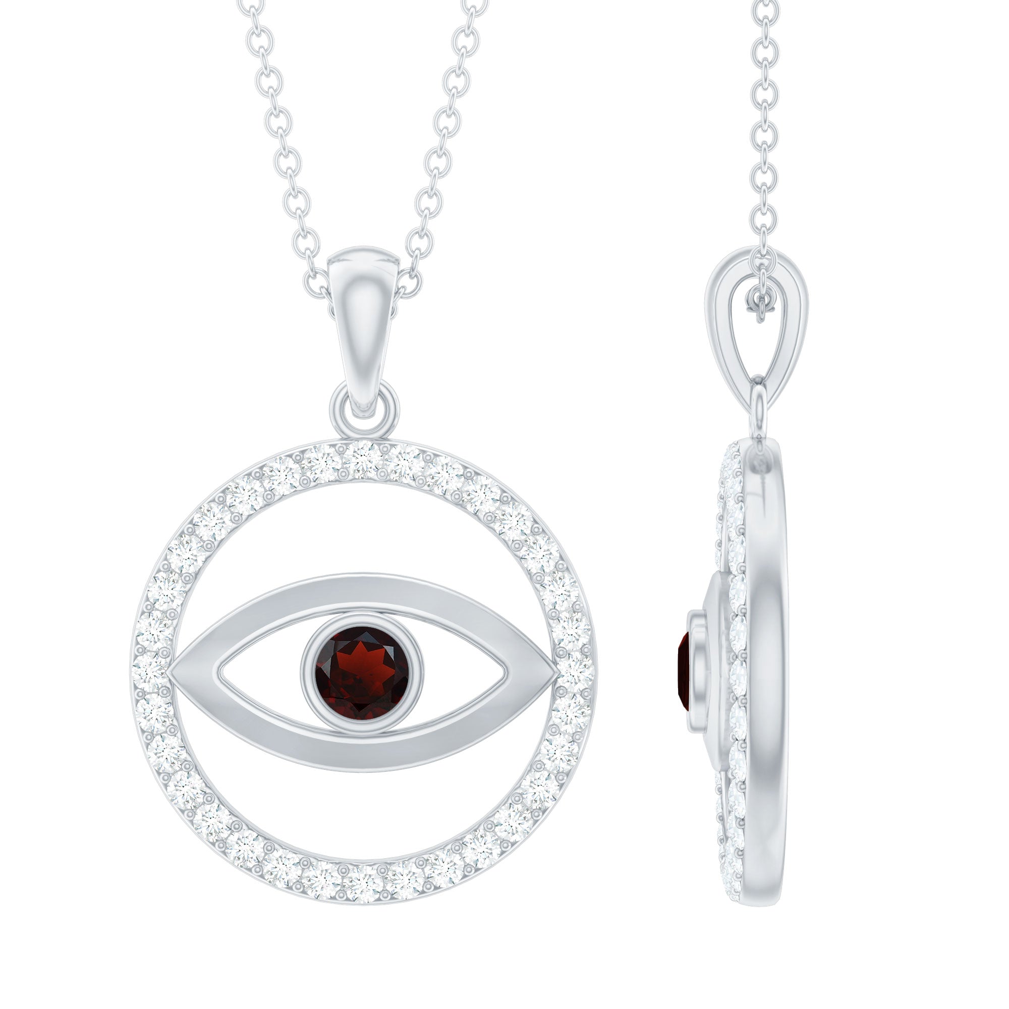 Real Garnet and Diamond Evil Eye Necklace