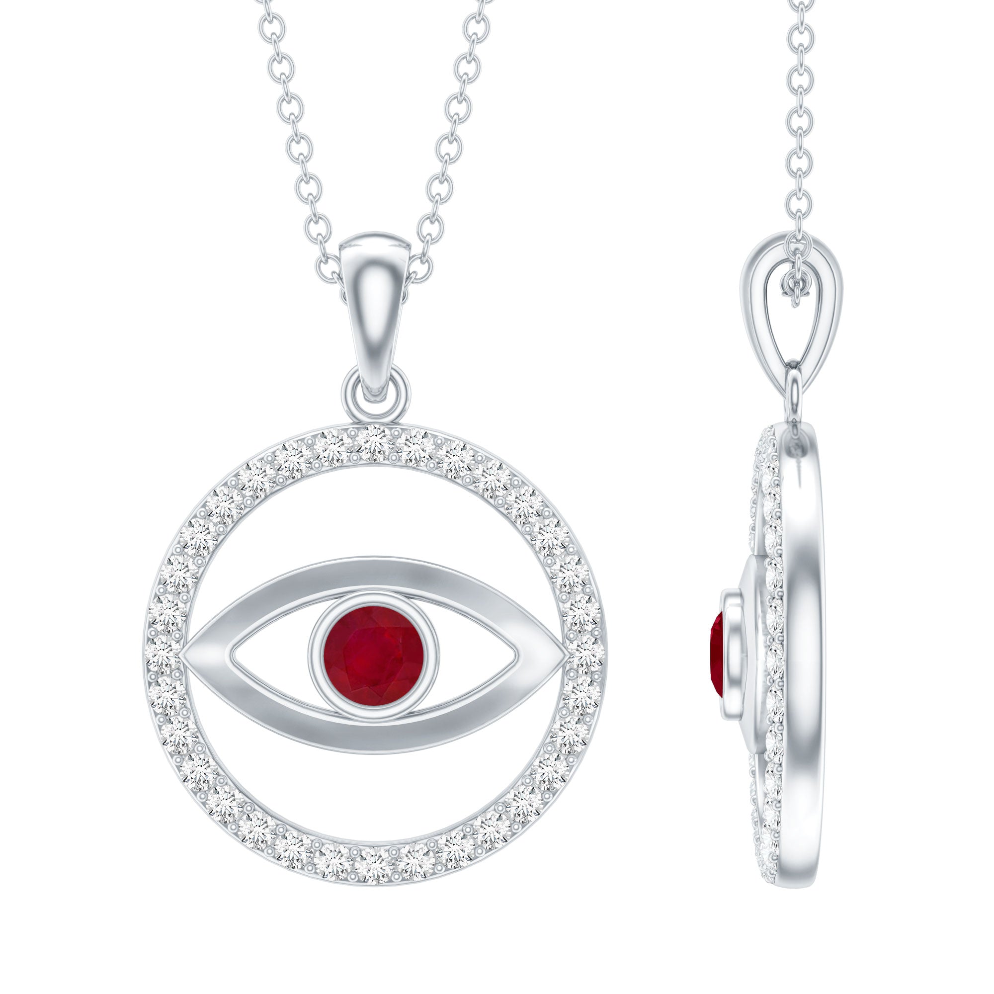 Real Ruby and Diamond Evil Eye Pendant Necklace AAA - Rosec Jewels