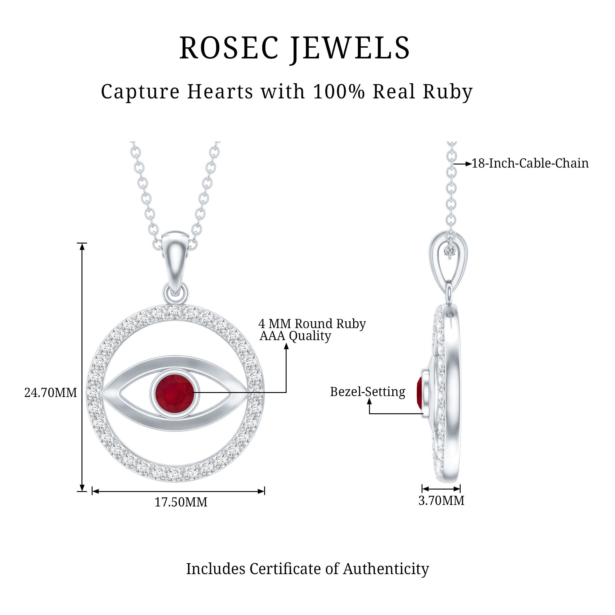 Real Ruby and Diamond Evil Eye Pendant Necklace AAA - Rosec Jewels