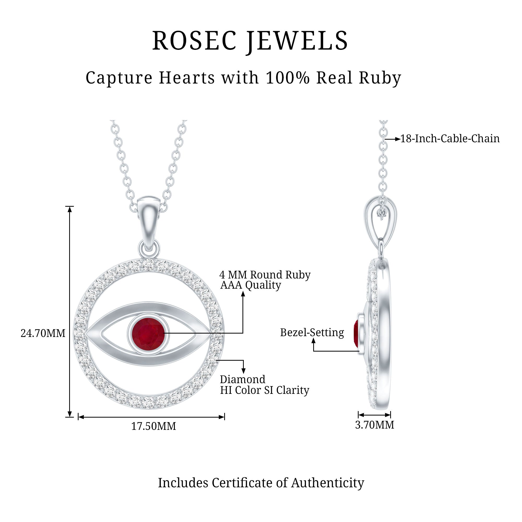 Real Ruby and Diamond Evil Eye Pendant Necklace AAA - Rosec Jewels