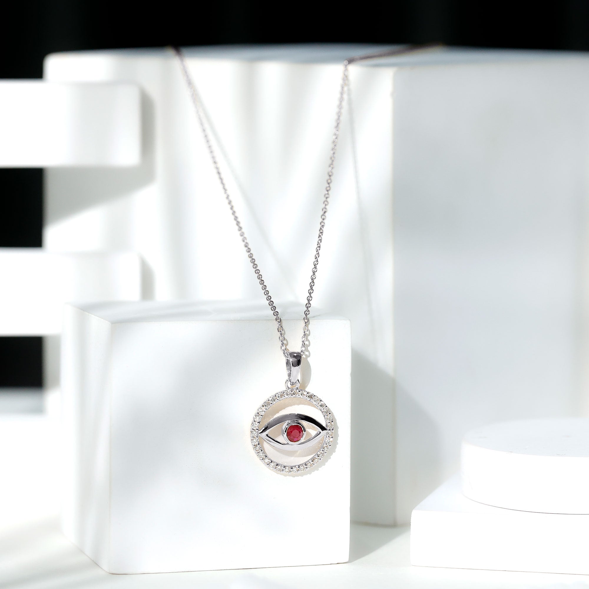 Real Ruby and Diamond Evil Eye Pendant Necklace AAA - Rosec Jewels