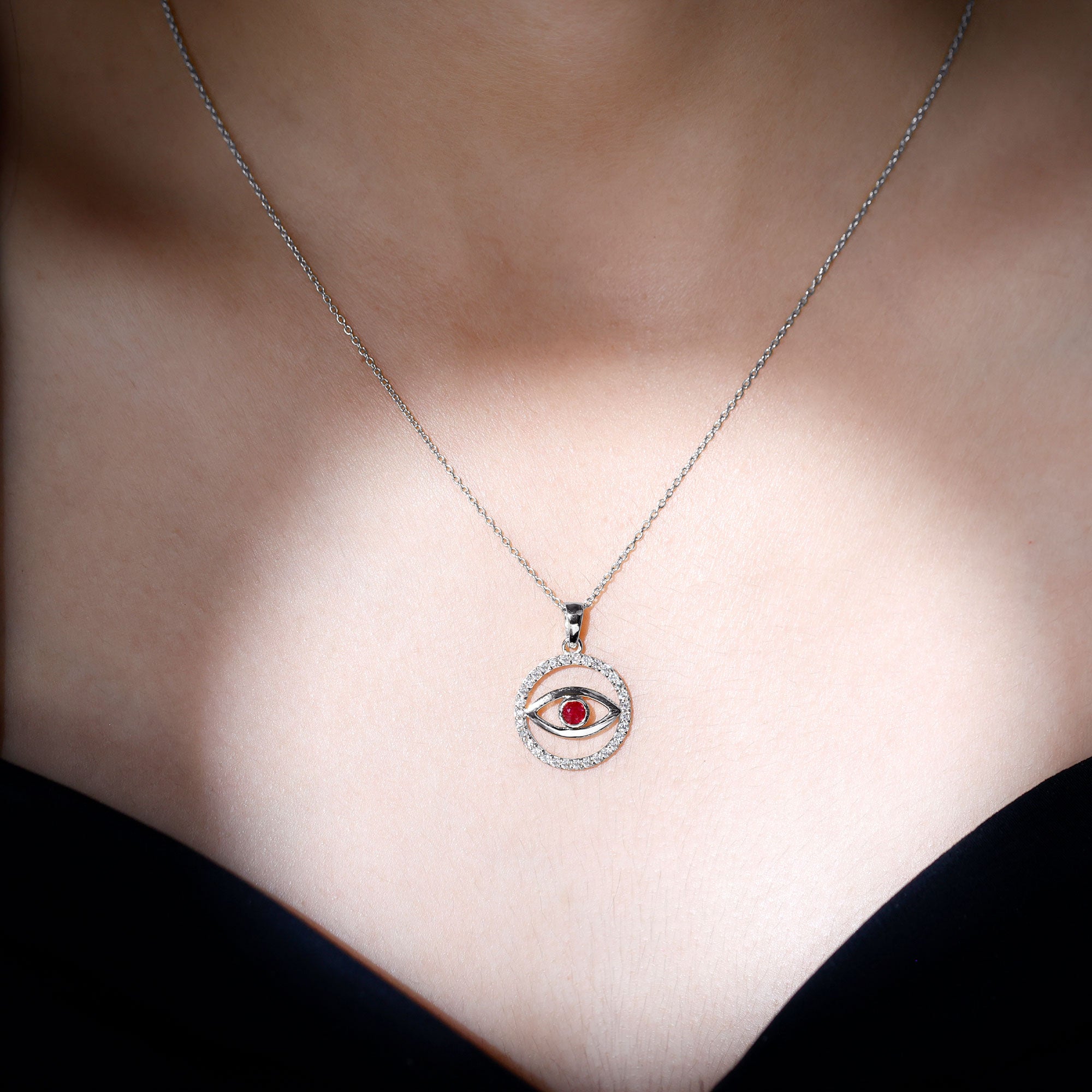 Real Ruby and Diamond Evil Eye Pendant Necklace AAA - Rosec Jewels