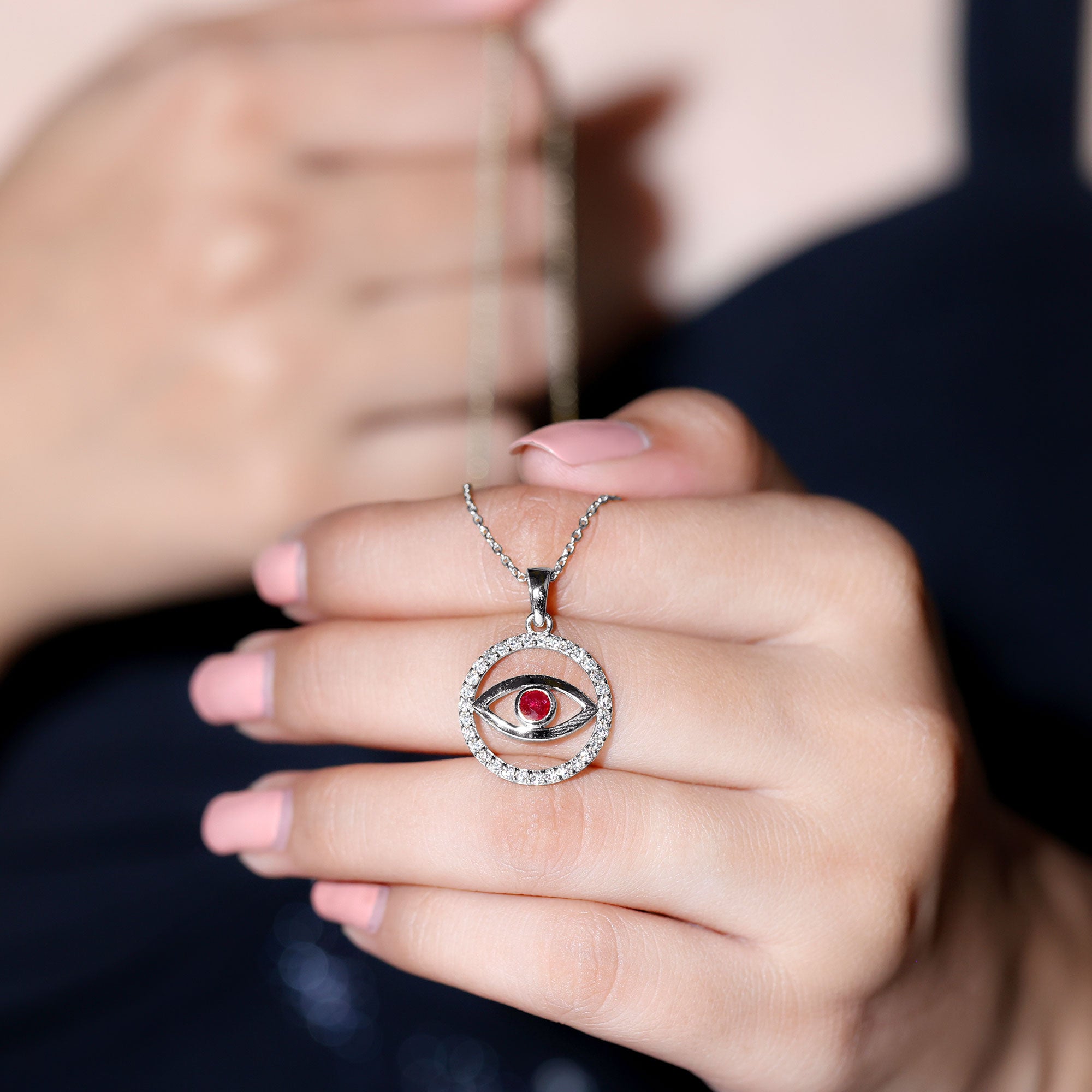 Real Ruby and Diamond Evil Eye Pendant Necklace AAA - Rosec Jewels