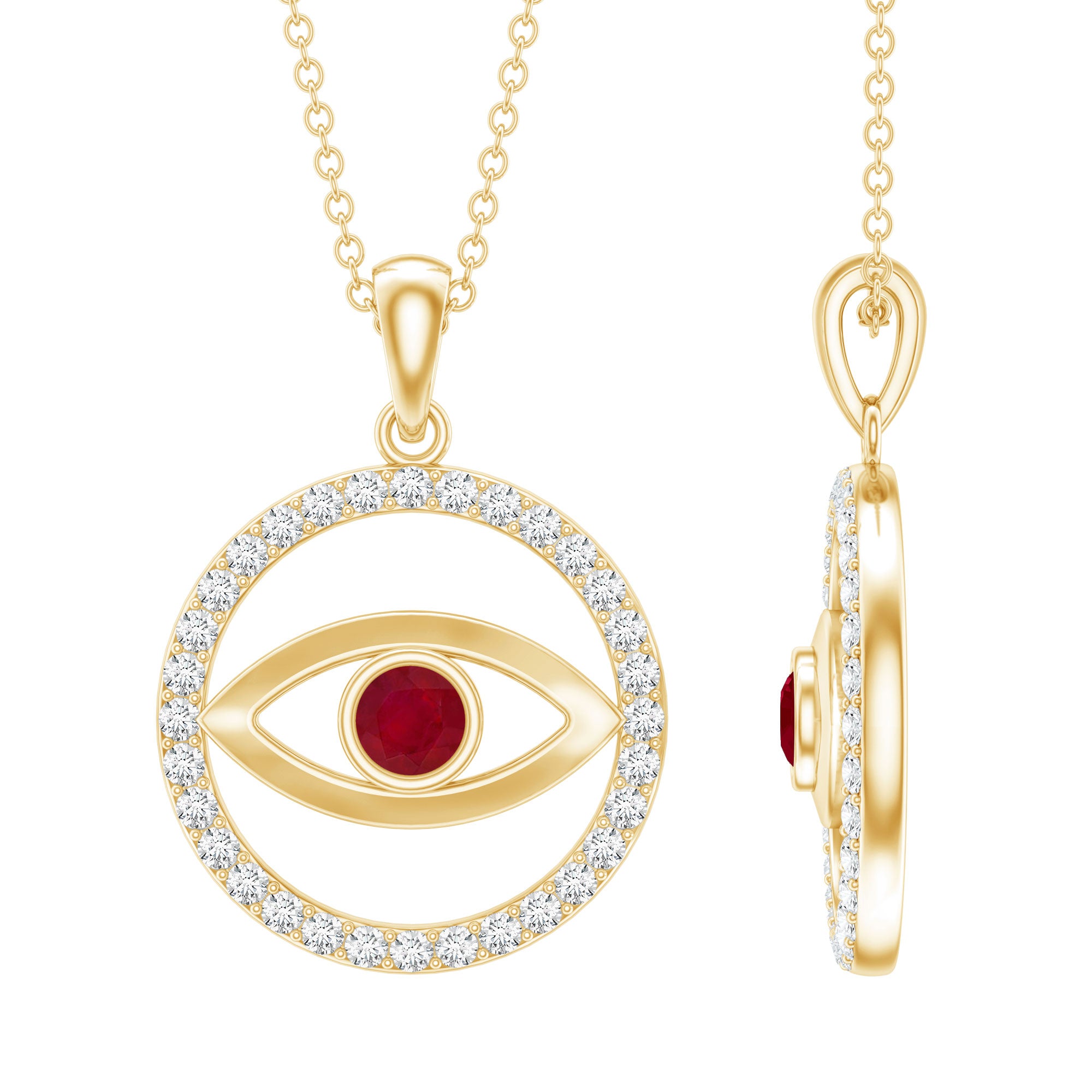 Real Ruby and Diamond Evil Eye Pendant Necklace AAA - Rosec Jewels