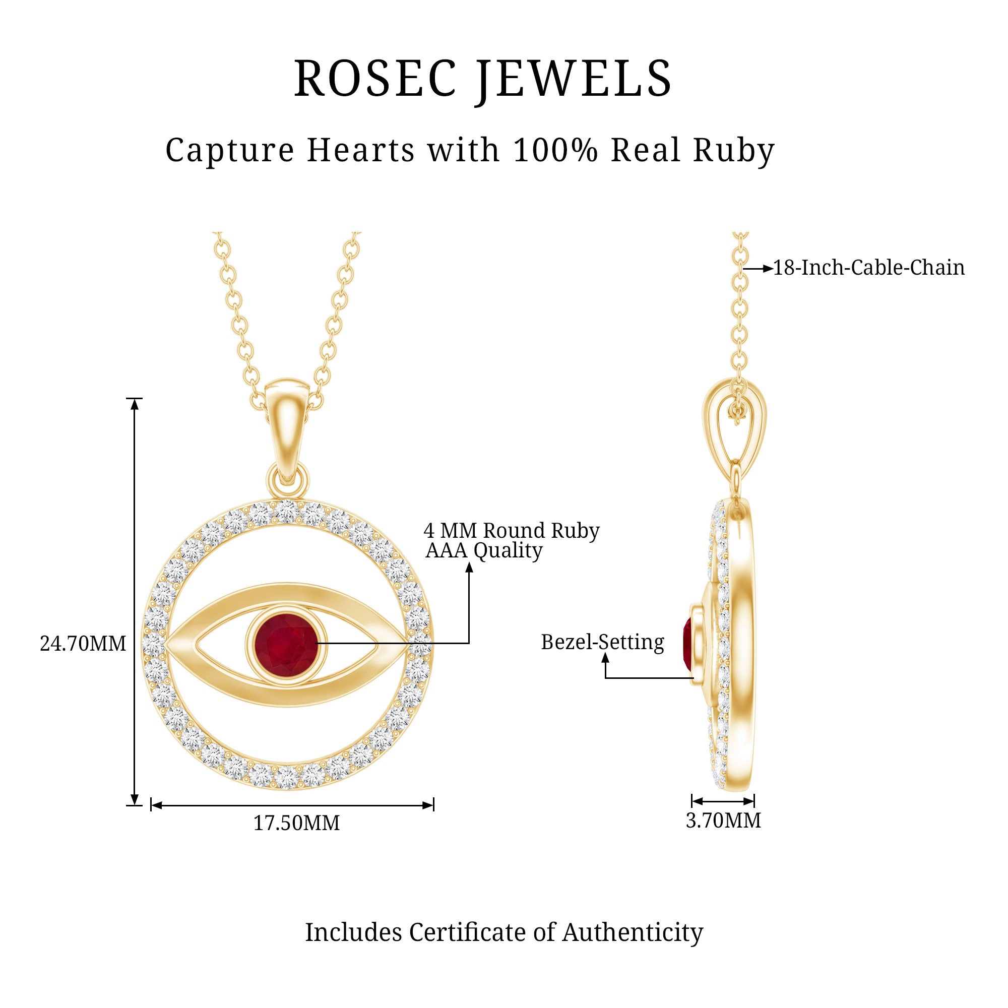 Real Ruby and Diamond Evil Eye Pendant Necklace AAA - Rosec Jewels